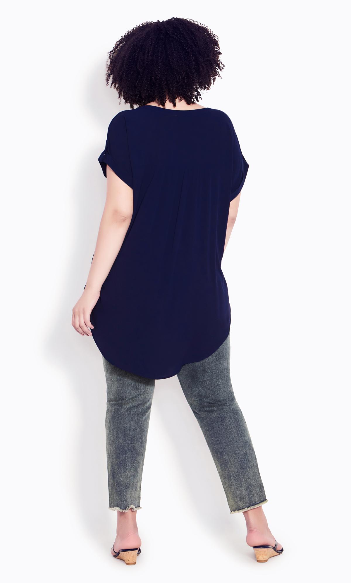 Button Pleat Short Sleeve Navy Top | Evans