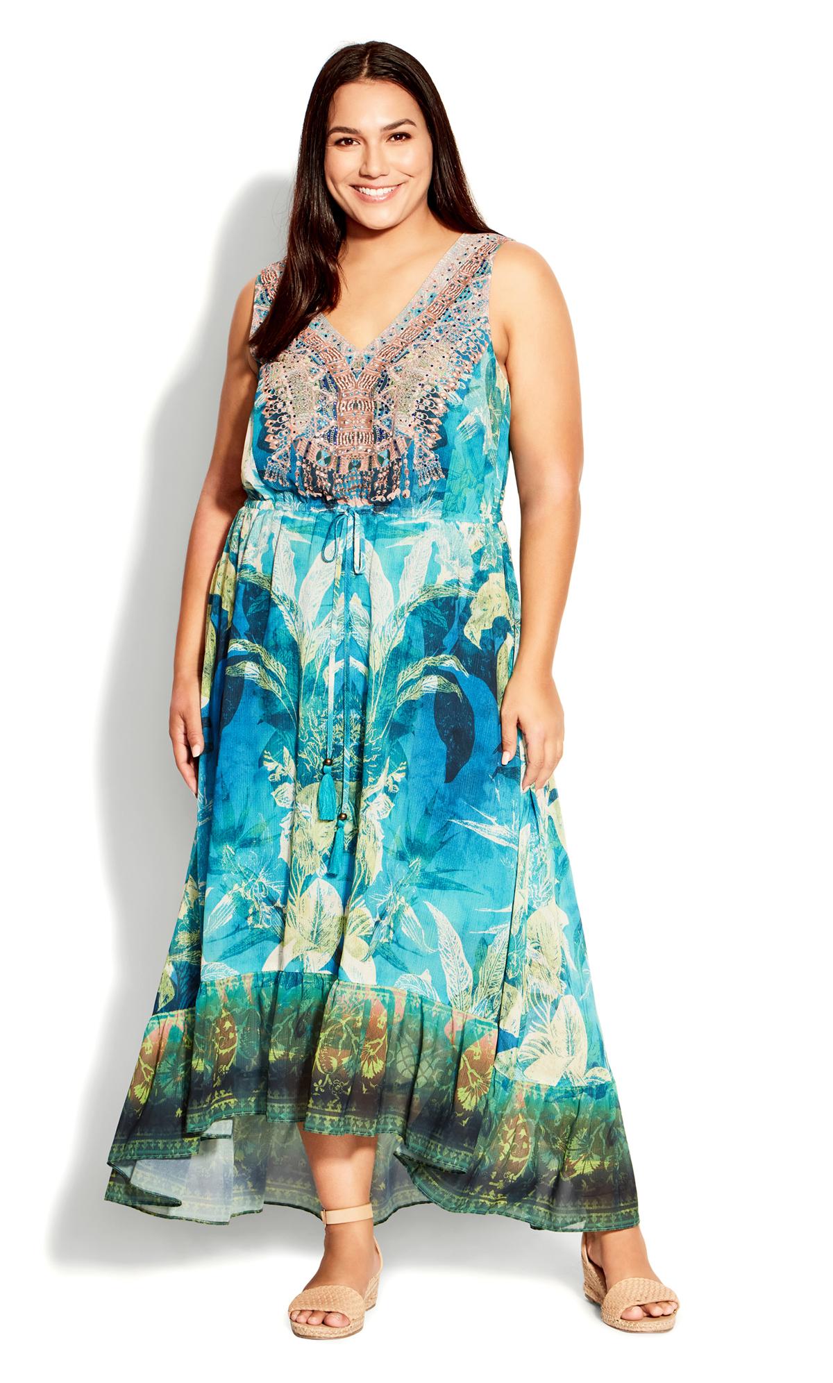 Evans Blue Tropical Print Beaded Maxi Dress 1