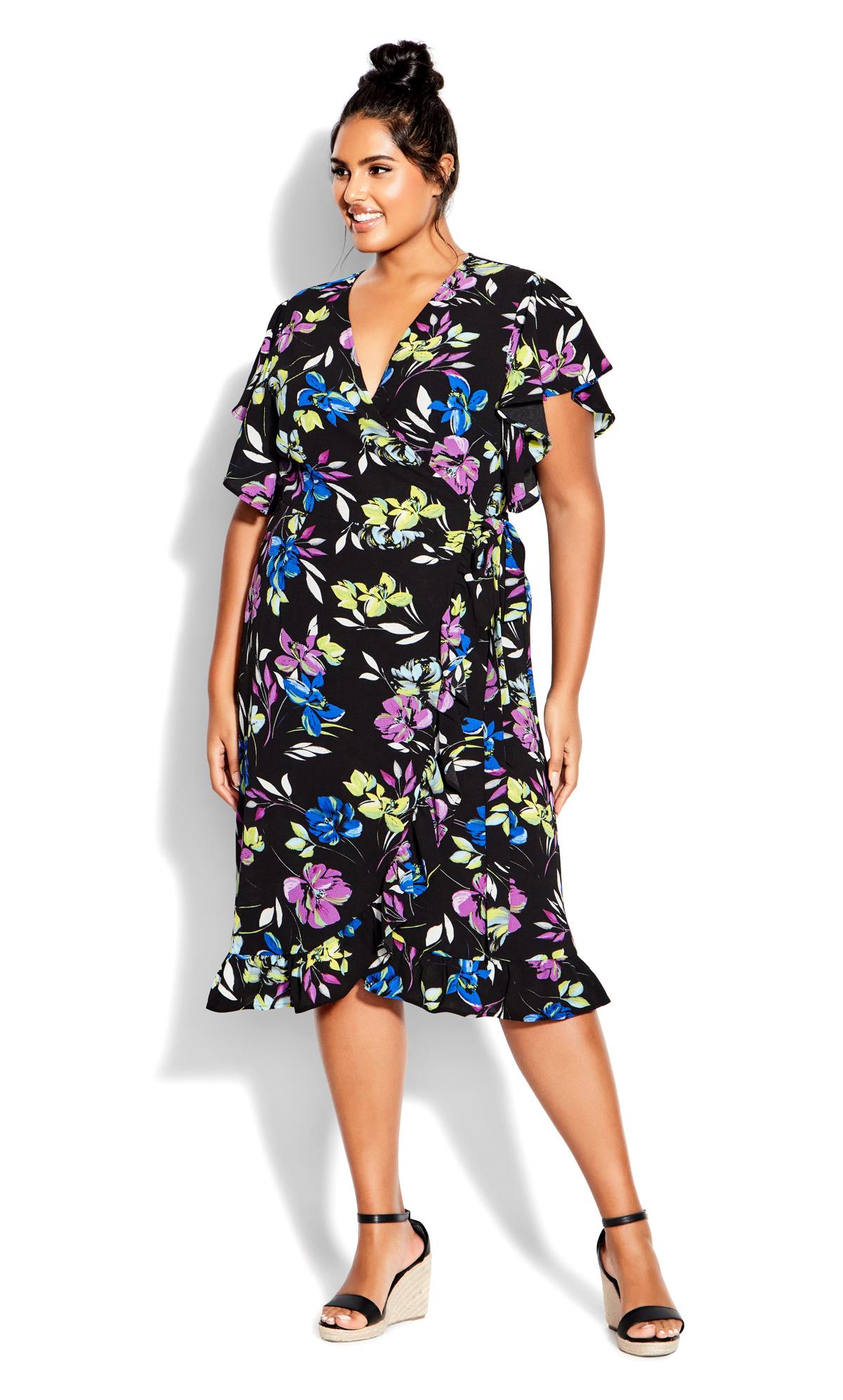 Evans Black & Bright Floral Print Wrap Midi Dress 1