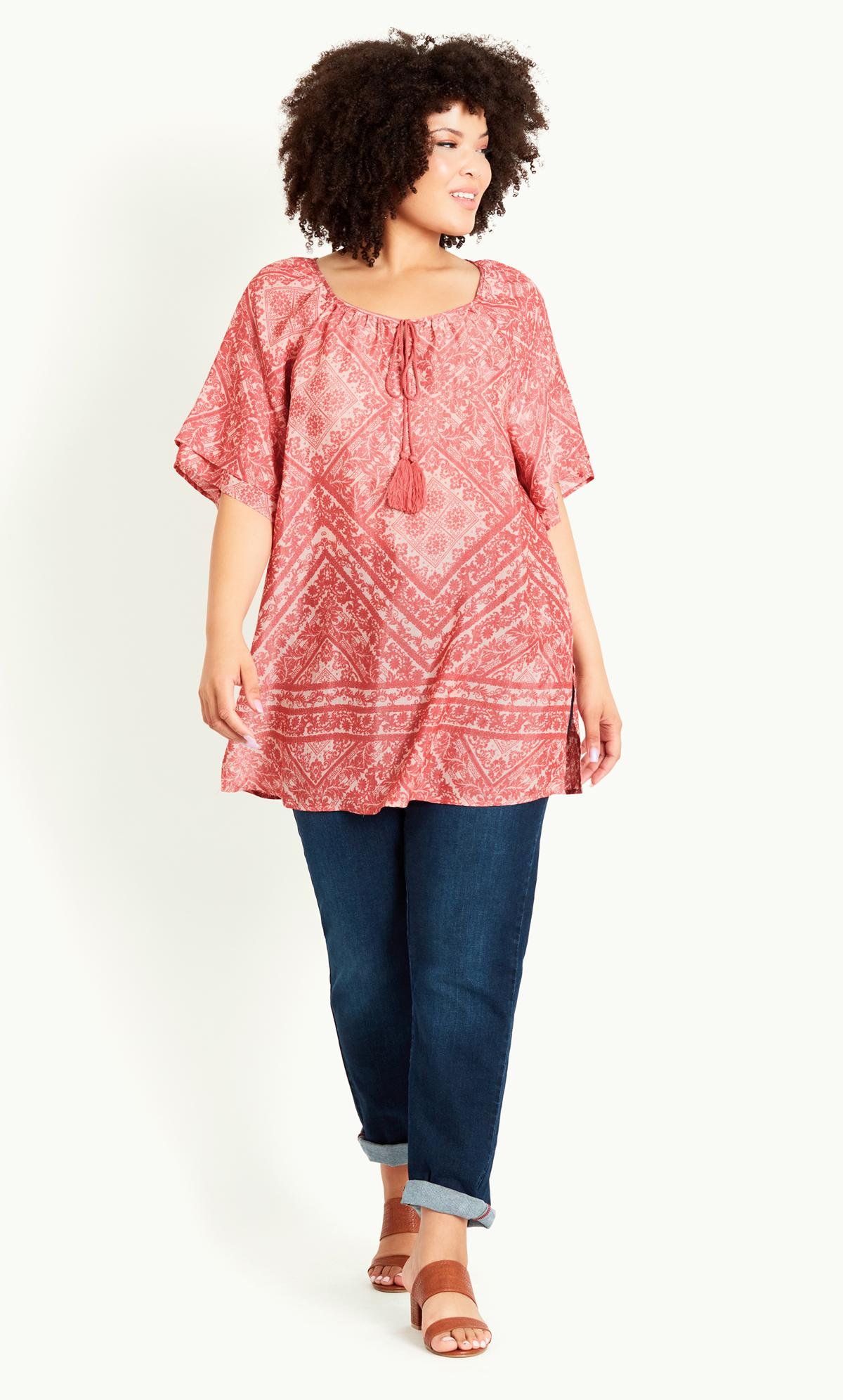 Evans Red Tile Print Tunic Top 1