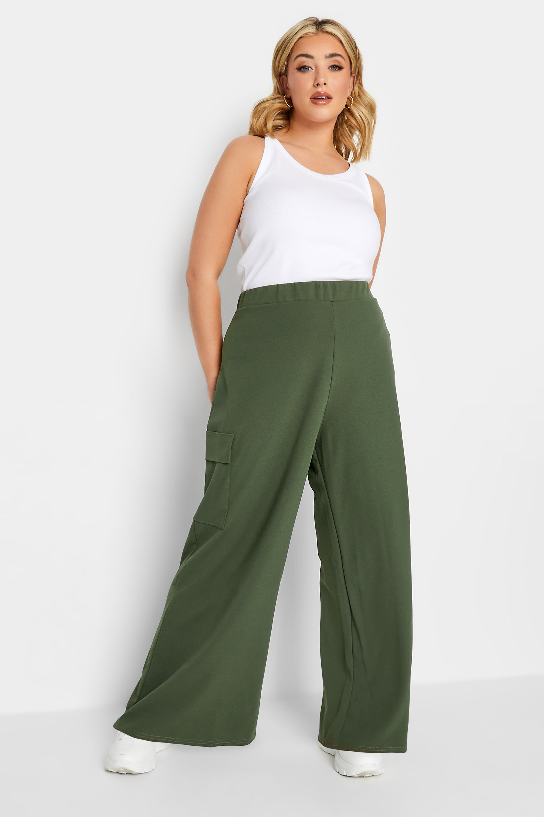YOURS PETITE Curve Khaki Green Wide Leg Cargo Trousers | Yours Clothing 2