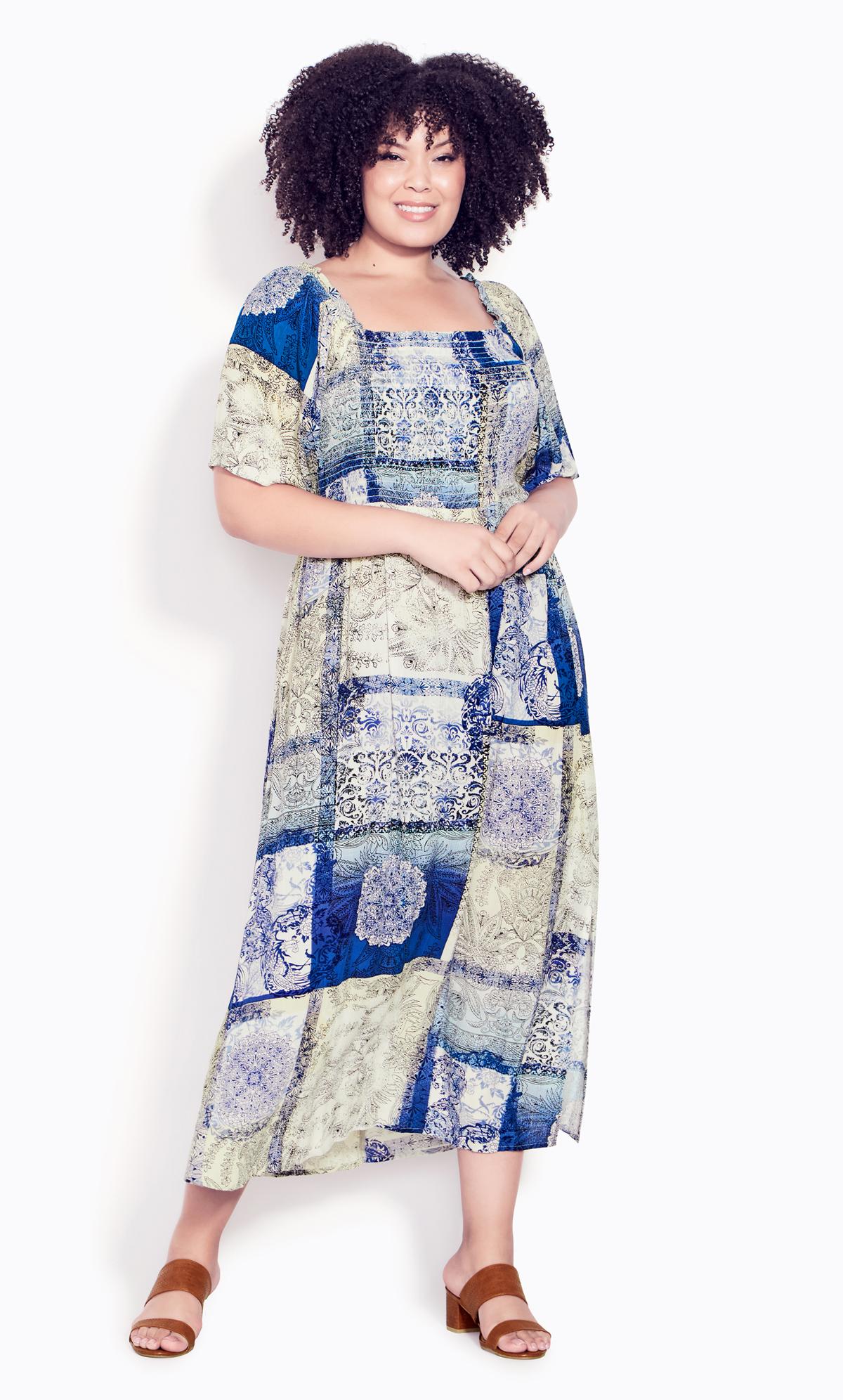 Evans Blue Patchwork Print Milkmaid Midi Dress 1