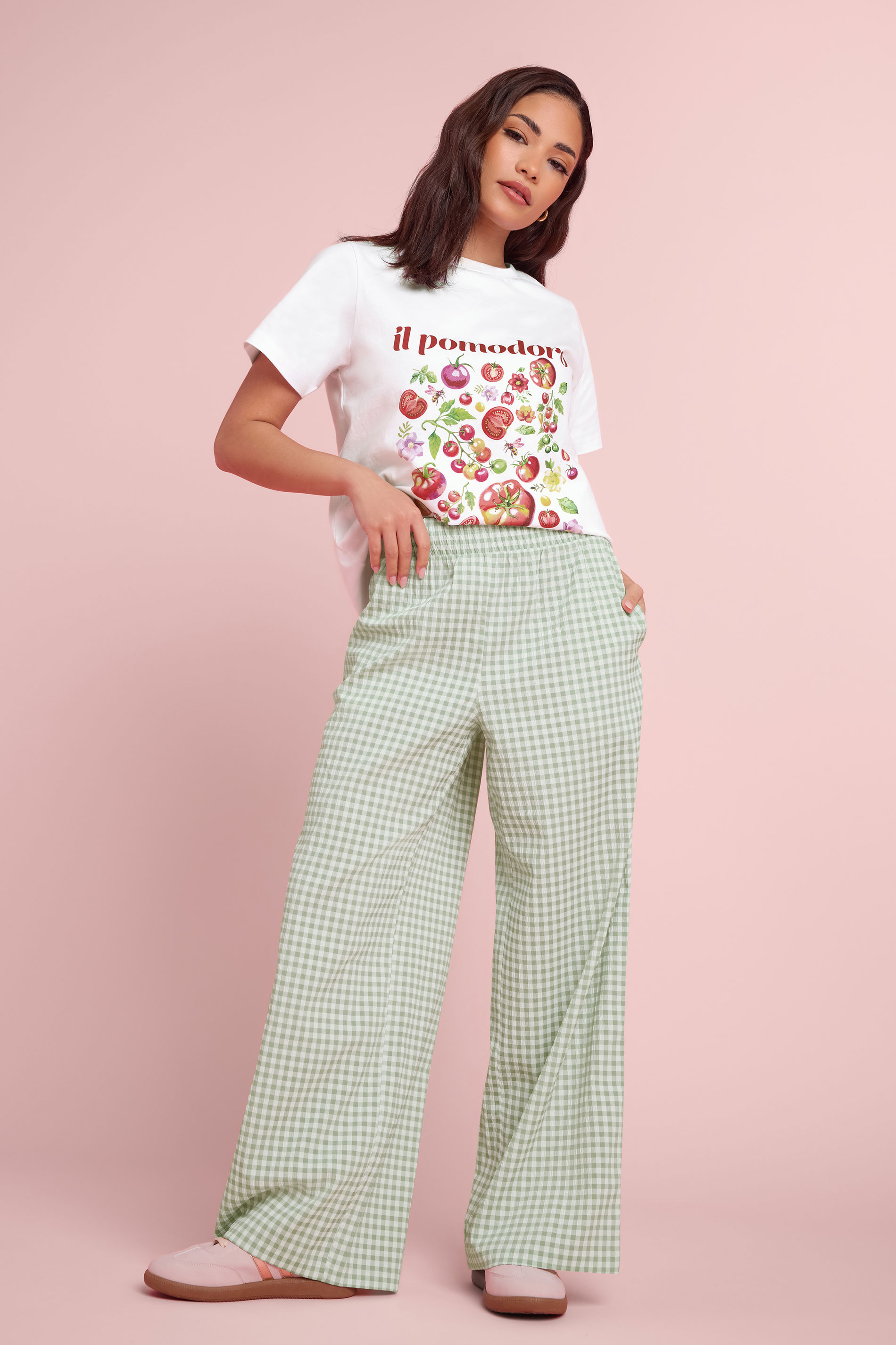 PixieGirl Petite Women's Green Gingham Wide Leg Trousers | PixieGirl 3