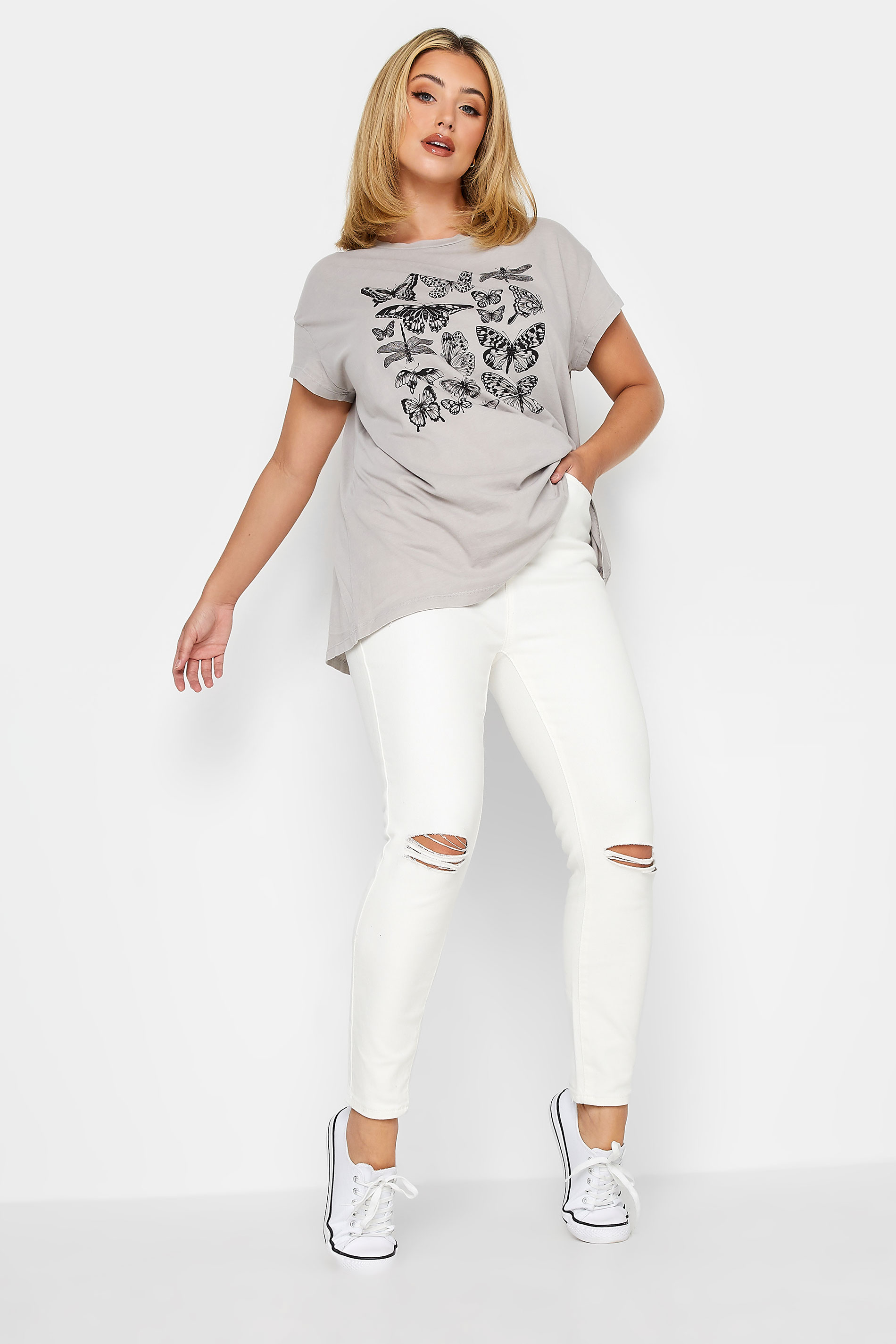 YOURS Plus Size White Ripped Knee Skinny Stretch AVA Jeans | Yours Clothing 2