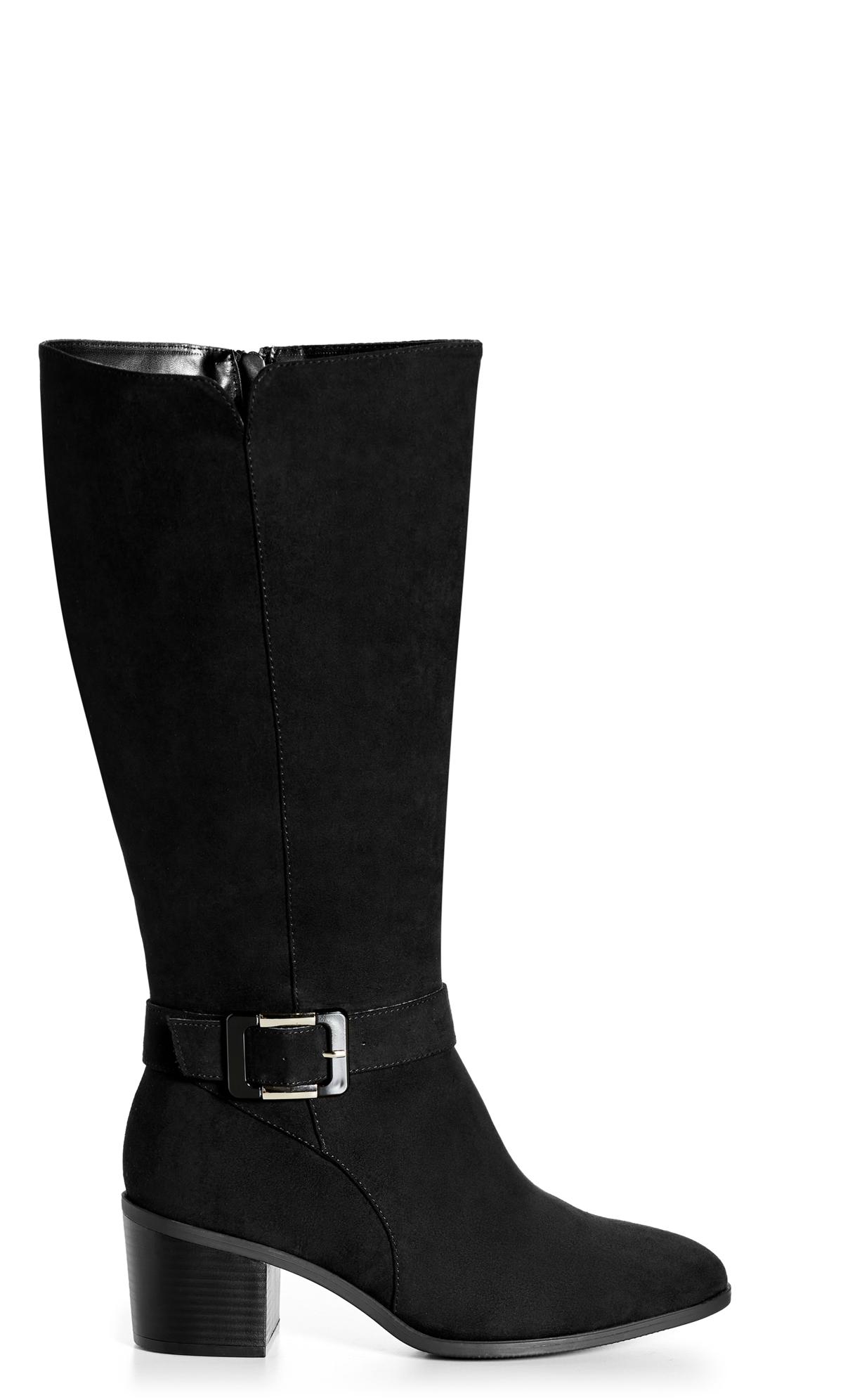 Evans Black Faux Suede Buckle Heeled Knee High Boots 2