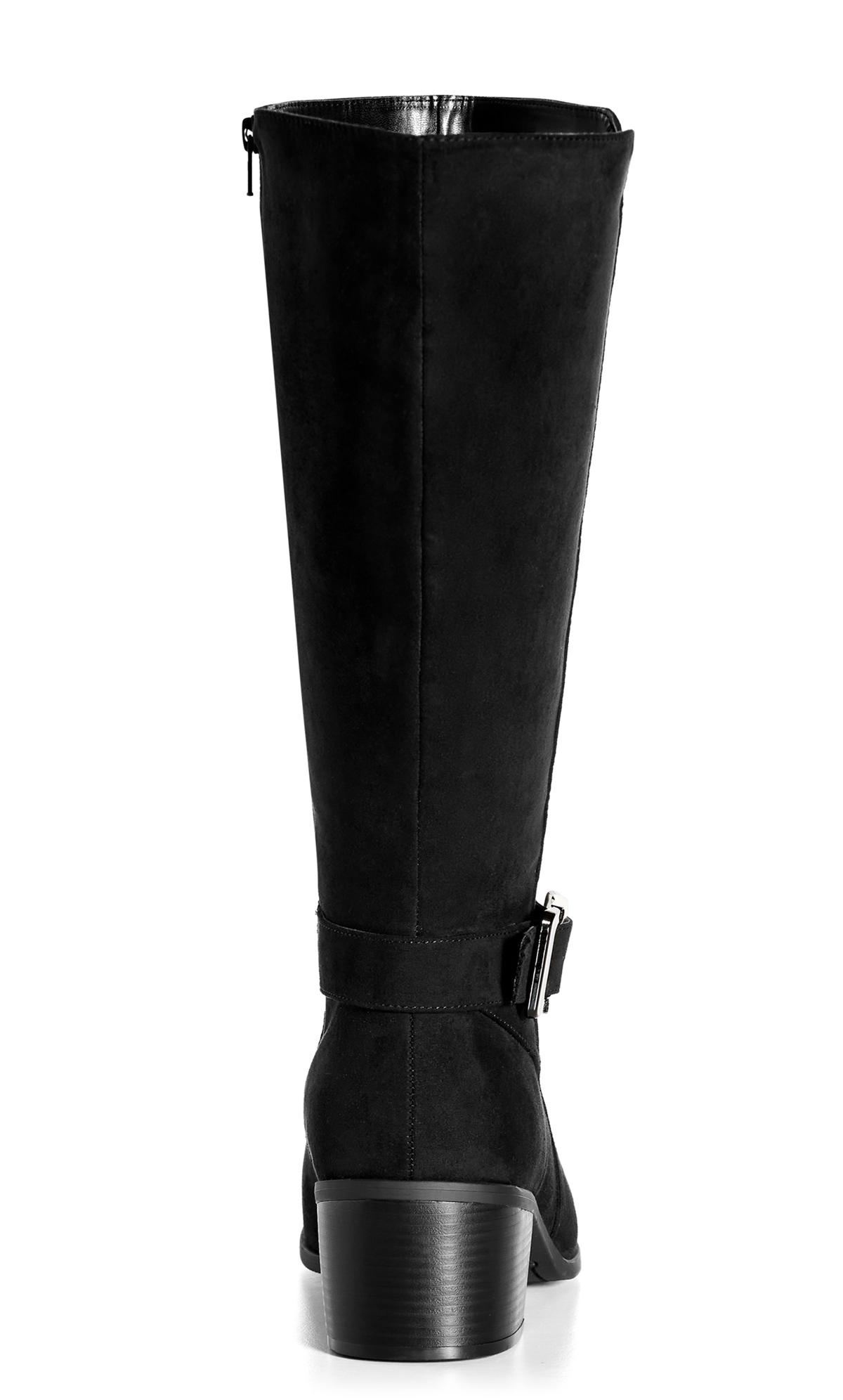 Evans Black Faux Suede Buckle Heeled Knee High Boots 3