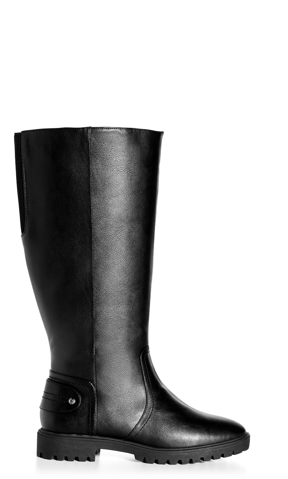 Evans Black Faux Leather Cleated Knee High Boots 2