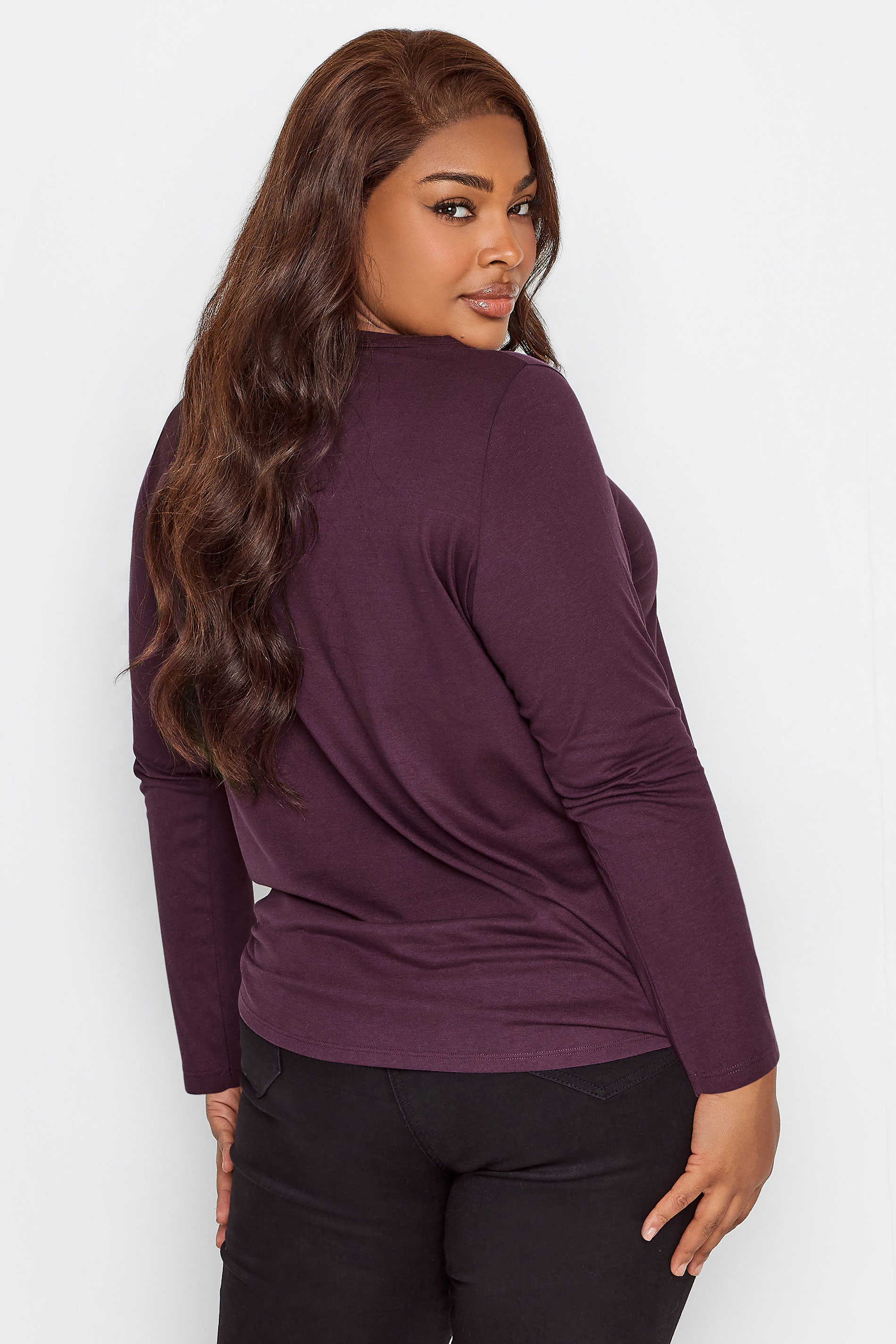 YOURS Curve Plus Size Dark Purple Long Sleeve Basic Top | Yours Clothing  3
