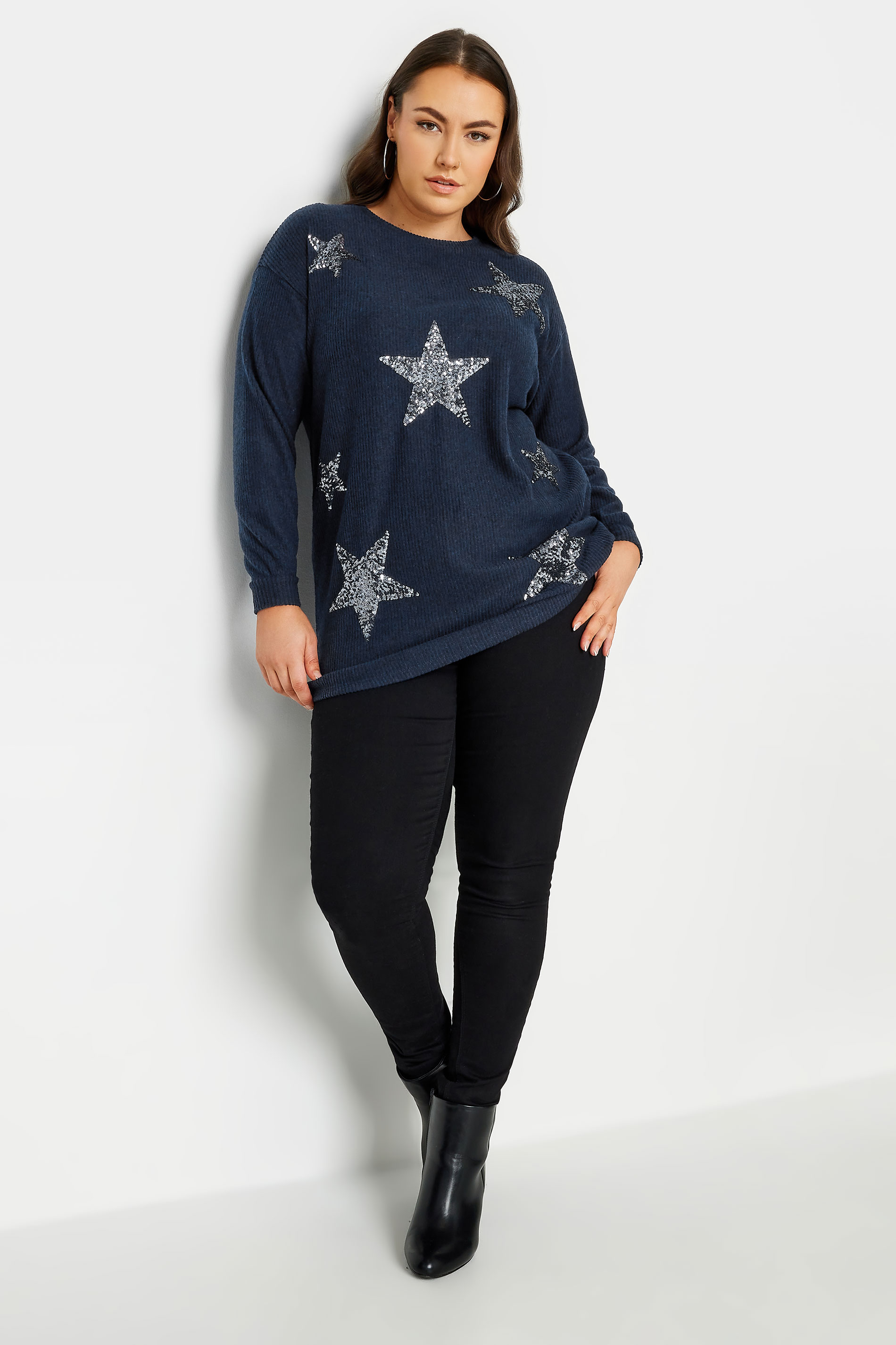YOURS LUXURY Plus Size Blue Star Sequin Sweatshirt | Yours Clothing 2