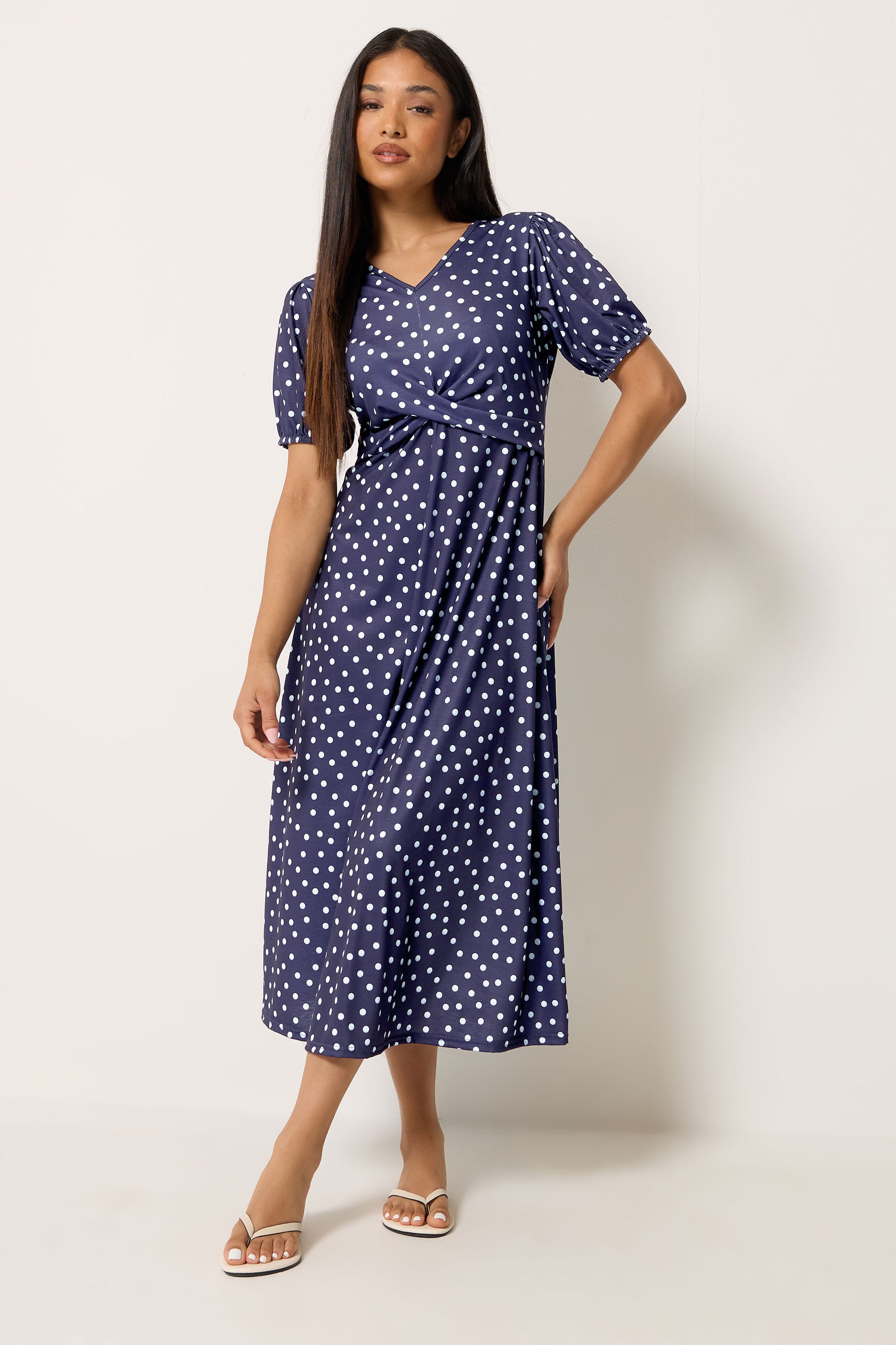 M&Co Petite Navy Blue Polka Dot Twist Front Maxi Dress | M&Co 1