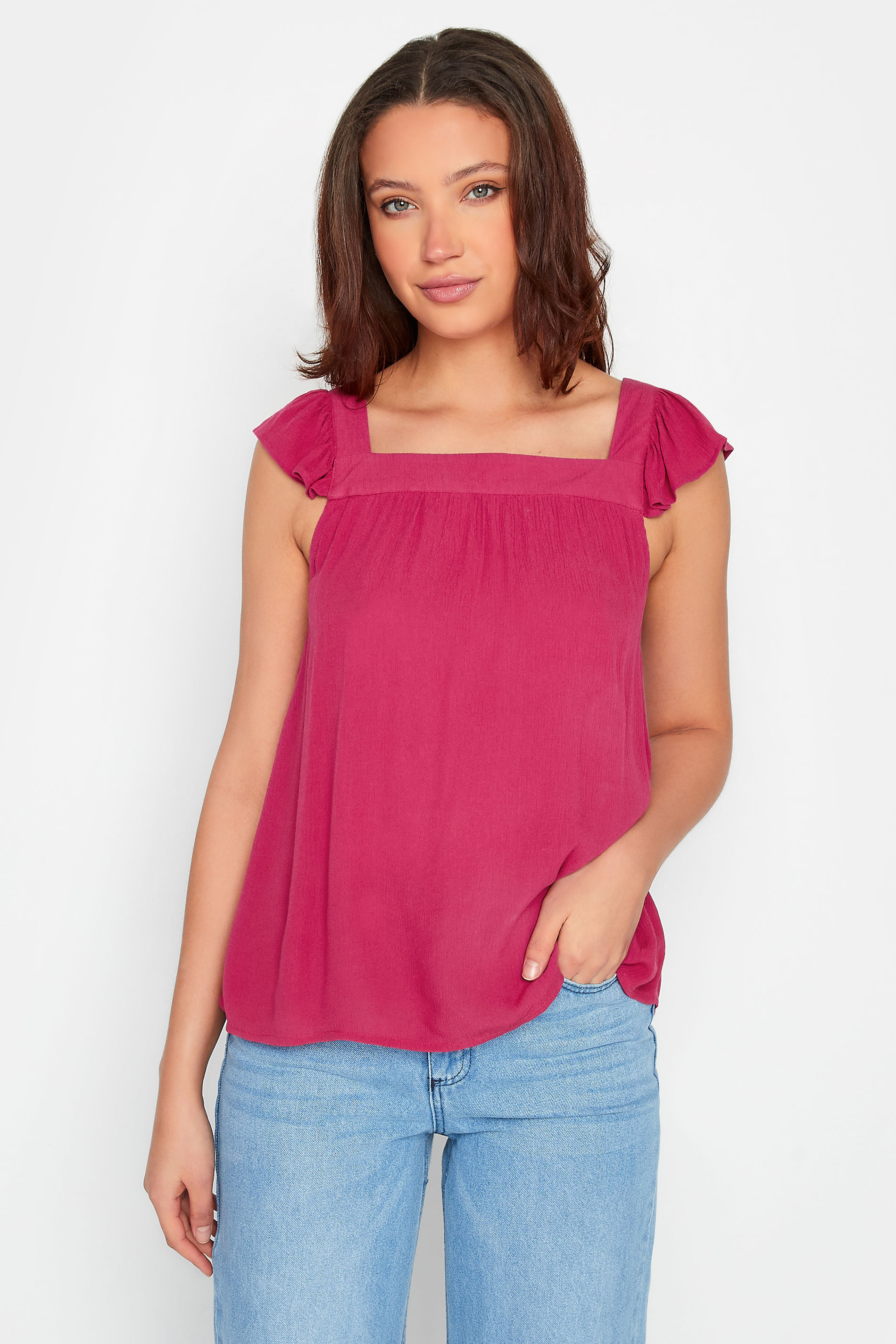 LTS Tall Women's Pink Crinkle Frill Top | Long Tall Sally 1