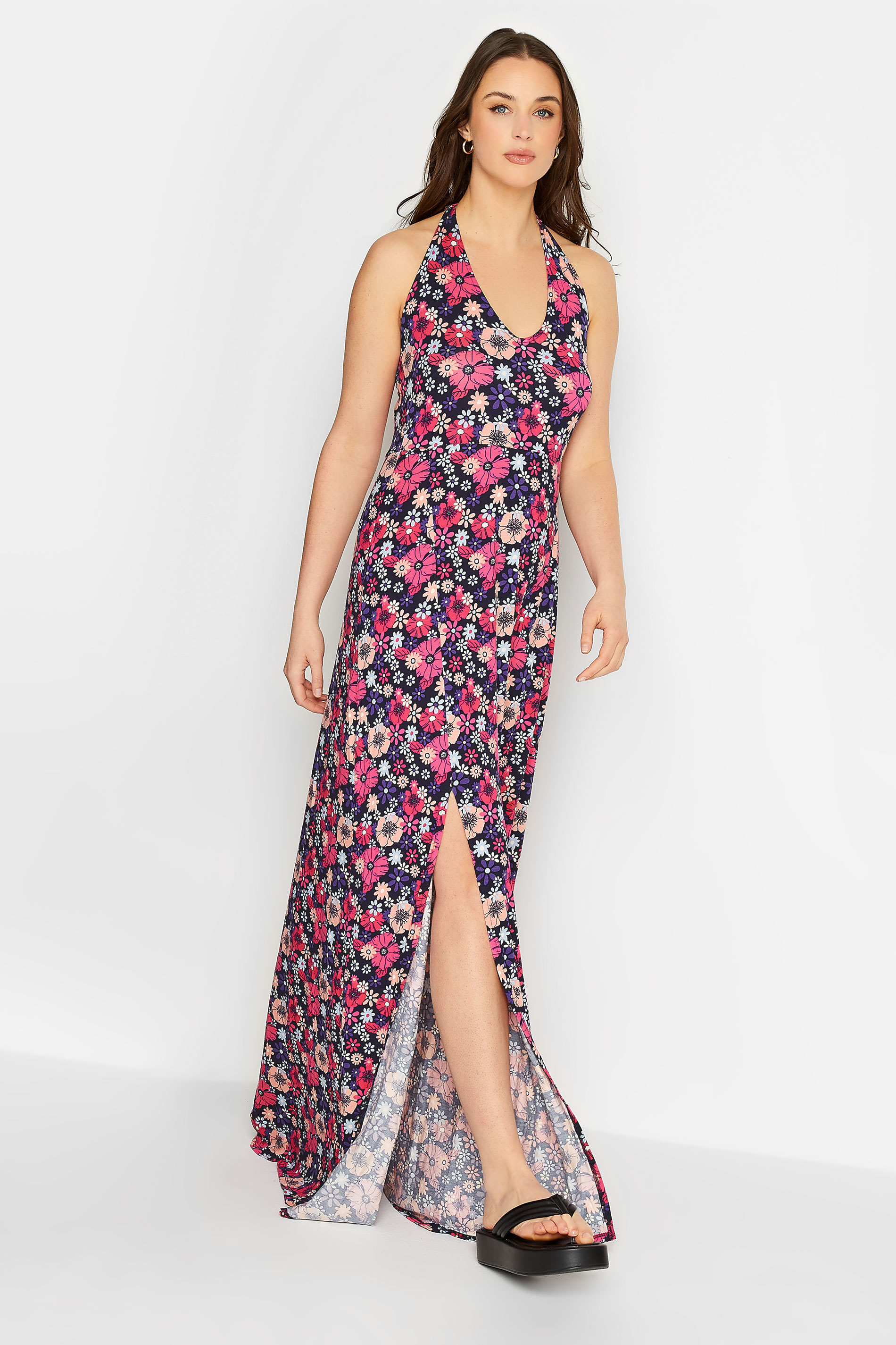 LTS Tall Womens Pink Floral Halter Neck Split Maxi Dress | Long Tall Sally  1
