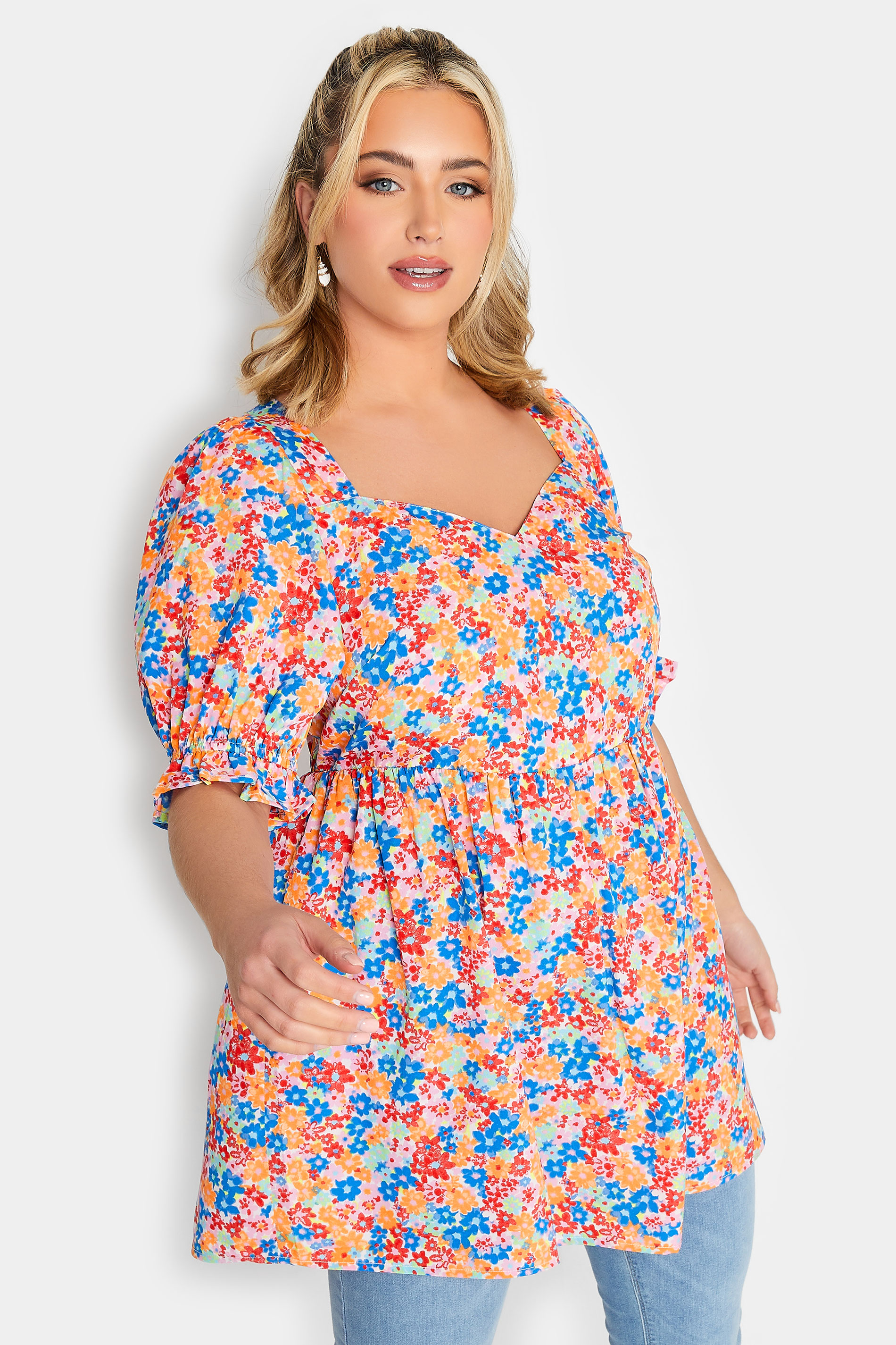 YOURS Orange Plus Size Floral Peplum Top | Yours Clothing  1