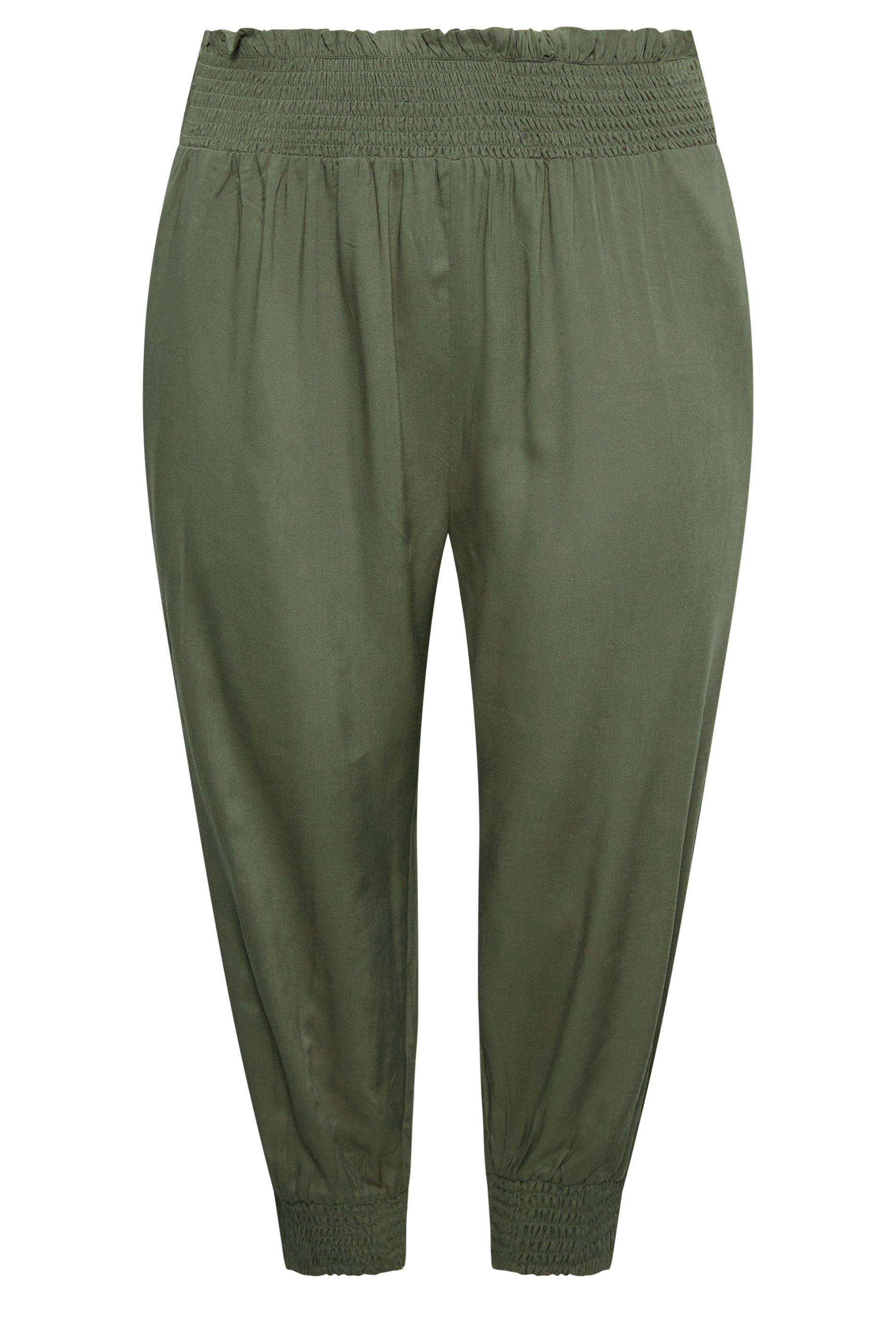 YOURS Curve Khaki Green Shirred Waist Cropped Harem Trousers | Yours ...