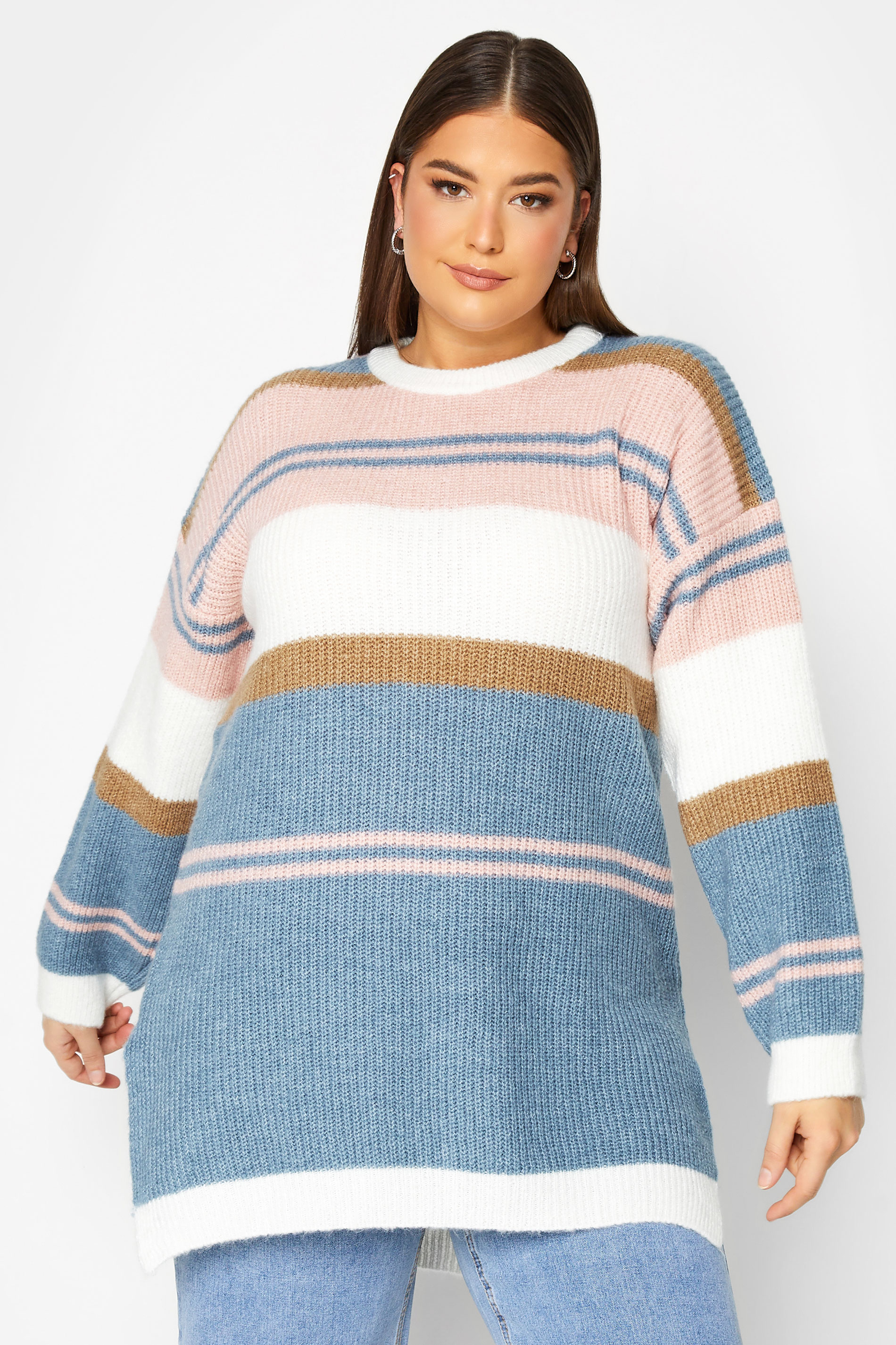 YOURS LUXURY Plus Size Blue & Pink Stripe Longline Jumper | Yours Clothing 1