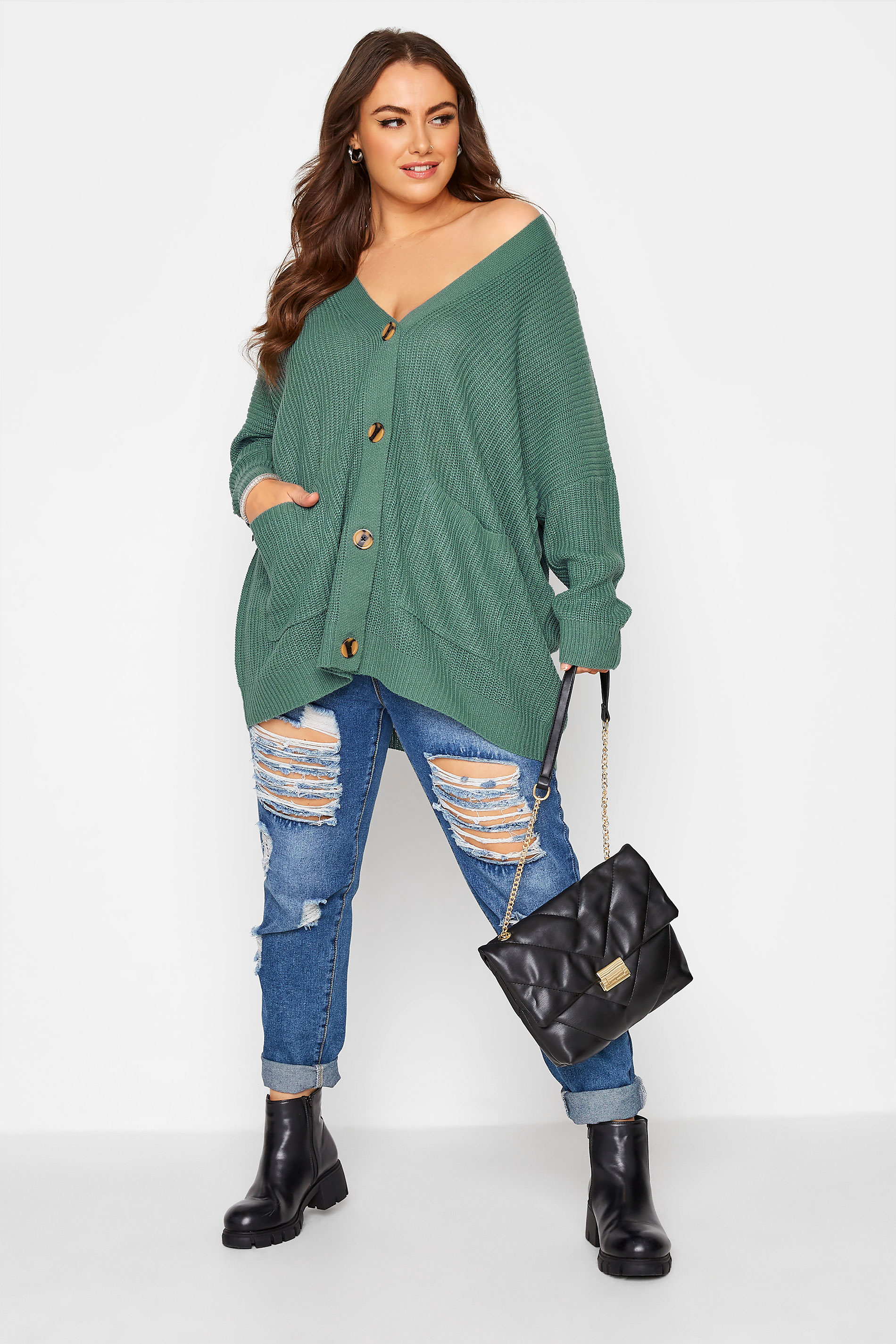 Plus Size Curve Green Button Knitted Cardigan | Yours Clothing 2