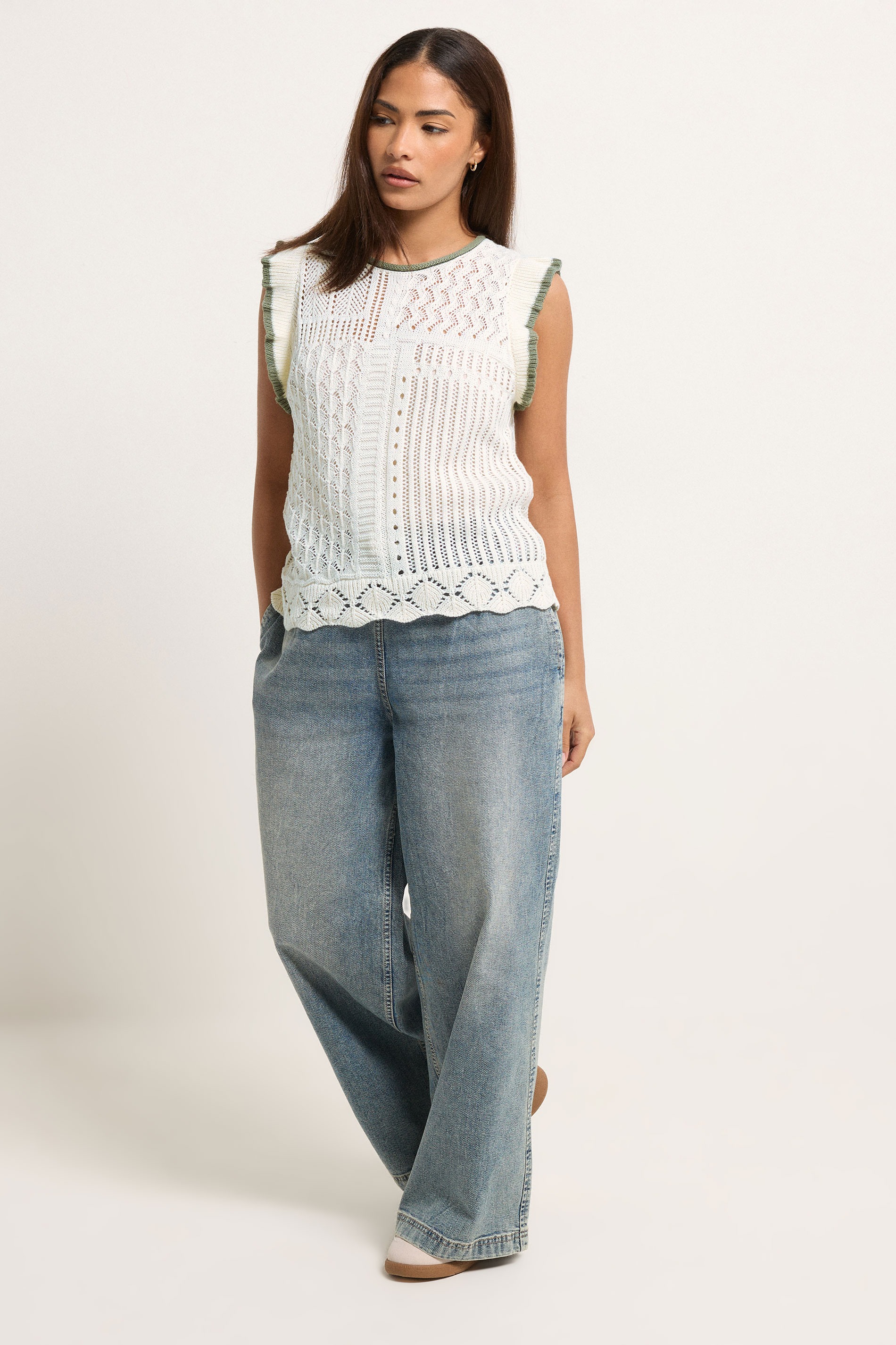 PixieGirl Petite Women's Ivory White & Sage Green Crochet Vest Top | PixieGirl 1