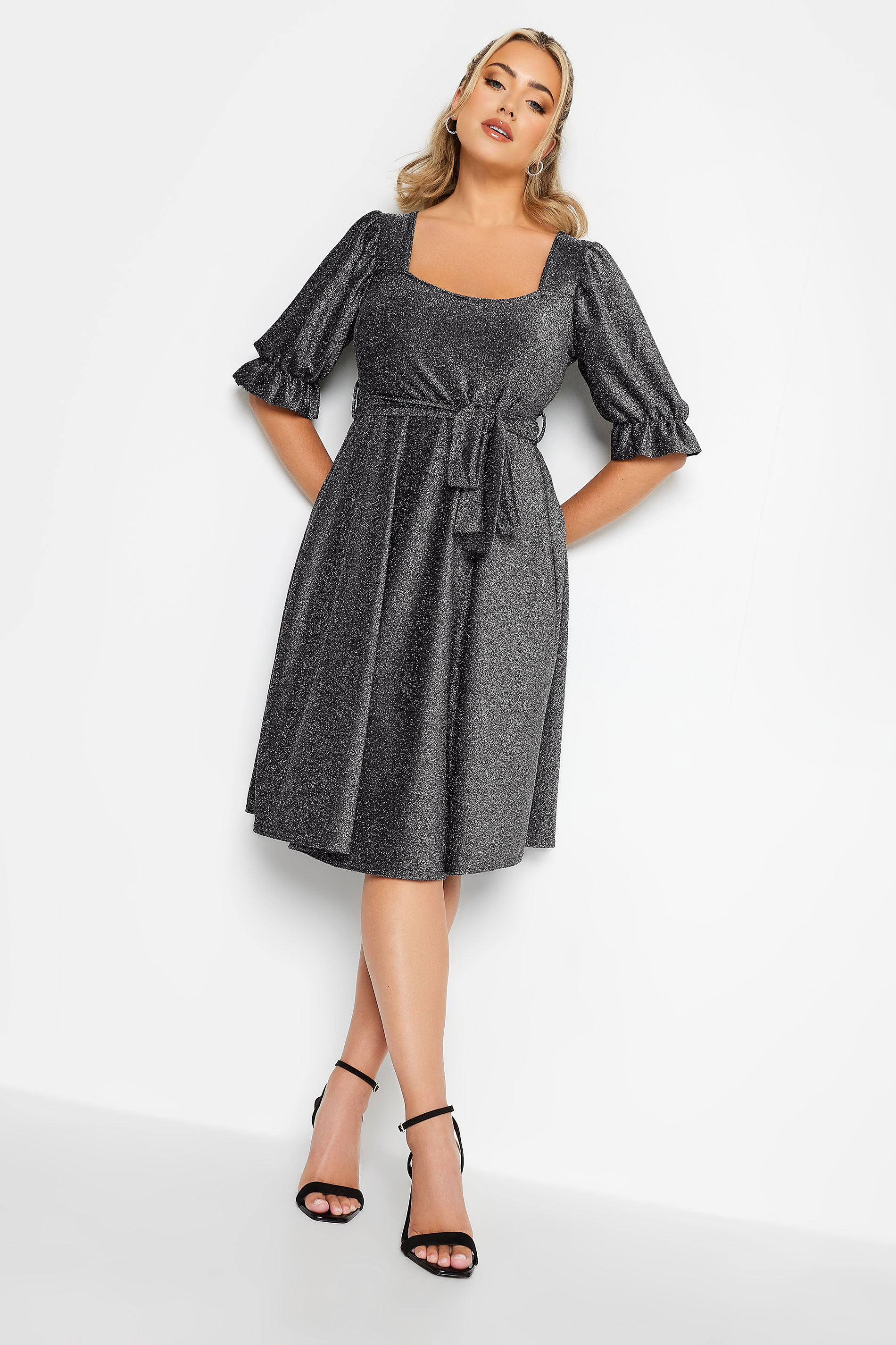 YOURS LONDON Plus Size Silver Glitter Puff Sleeve Midi Dress | Yours Clothing 2