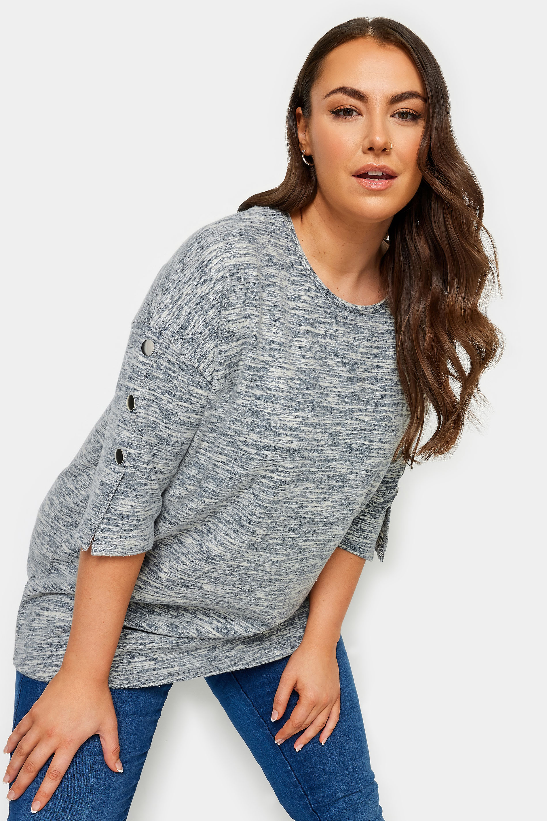 YOURS Plus Size Grey Marl Button Detail Soft Touch Top | Yours Clothing 1