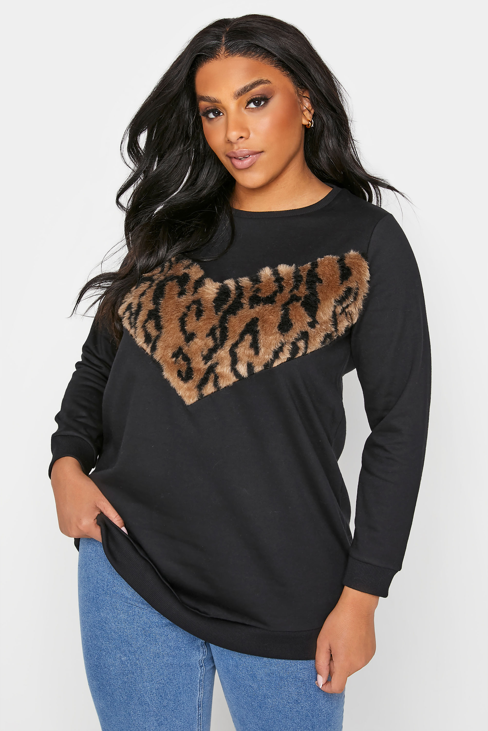 Plus Size Black Leopard Print Faux Fur Panel Sweatshirt | Yours Clothing  1