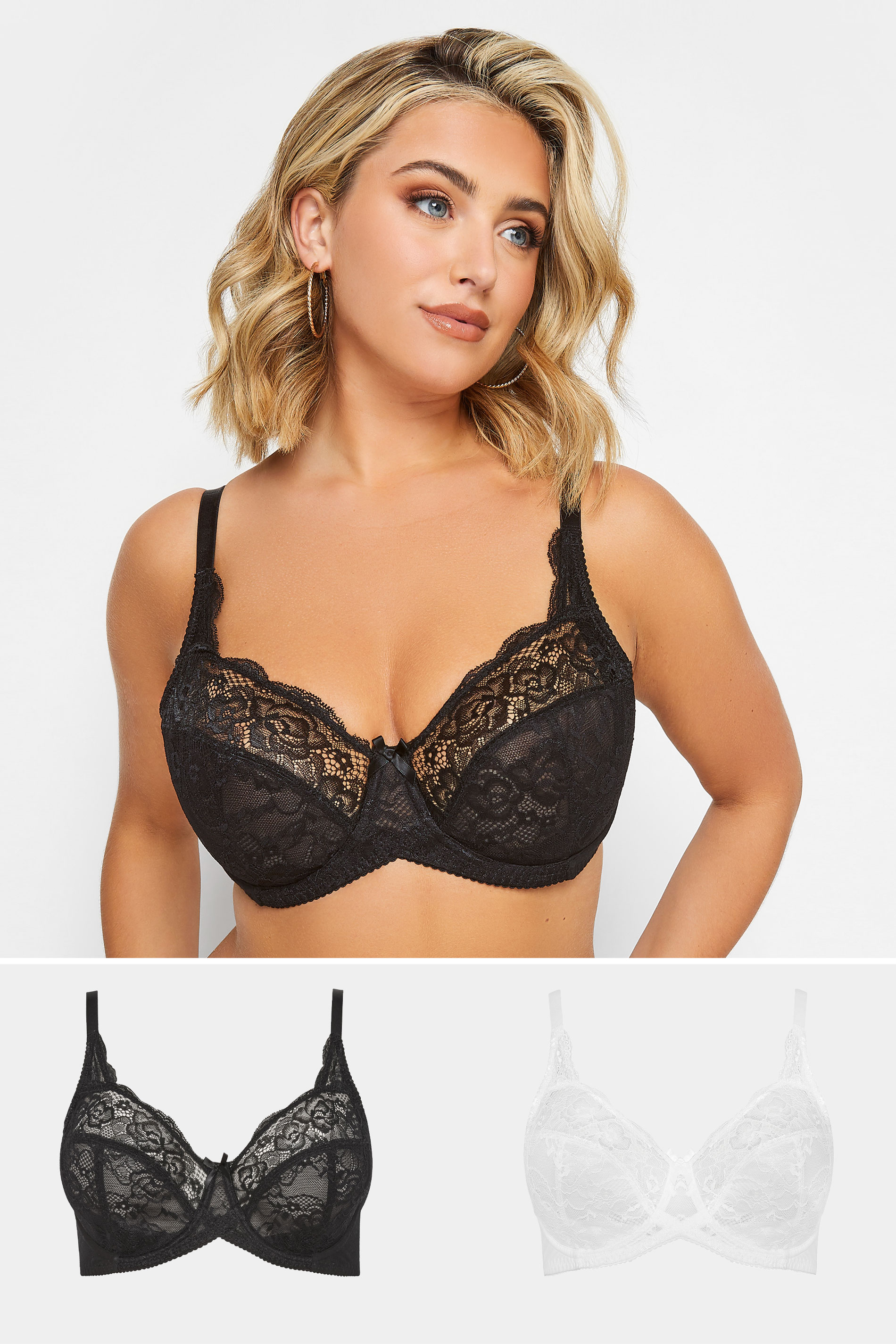 Plus Size 2 PACK Black & White Stretch Lace Non-Padded Underwired Balcony Bras | Yours Clothing 1
