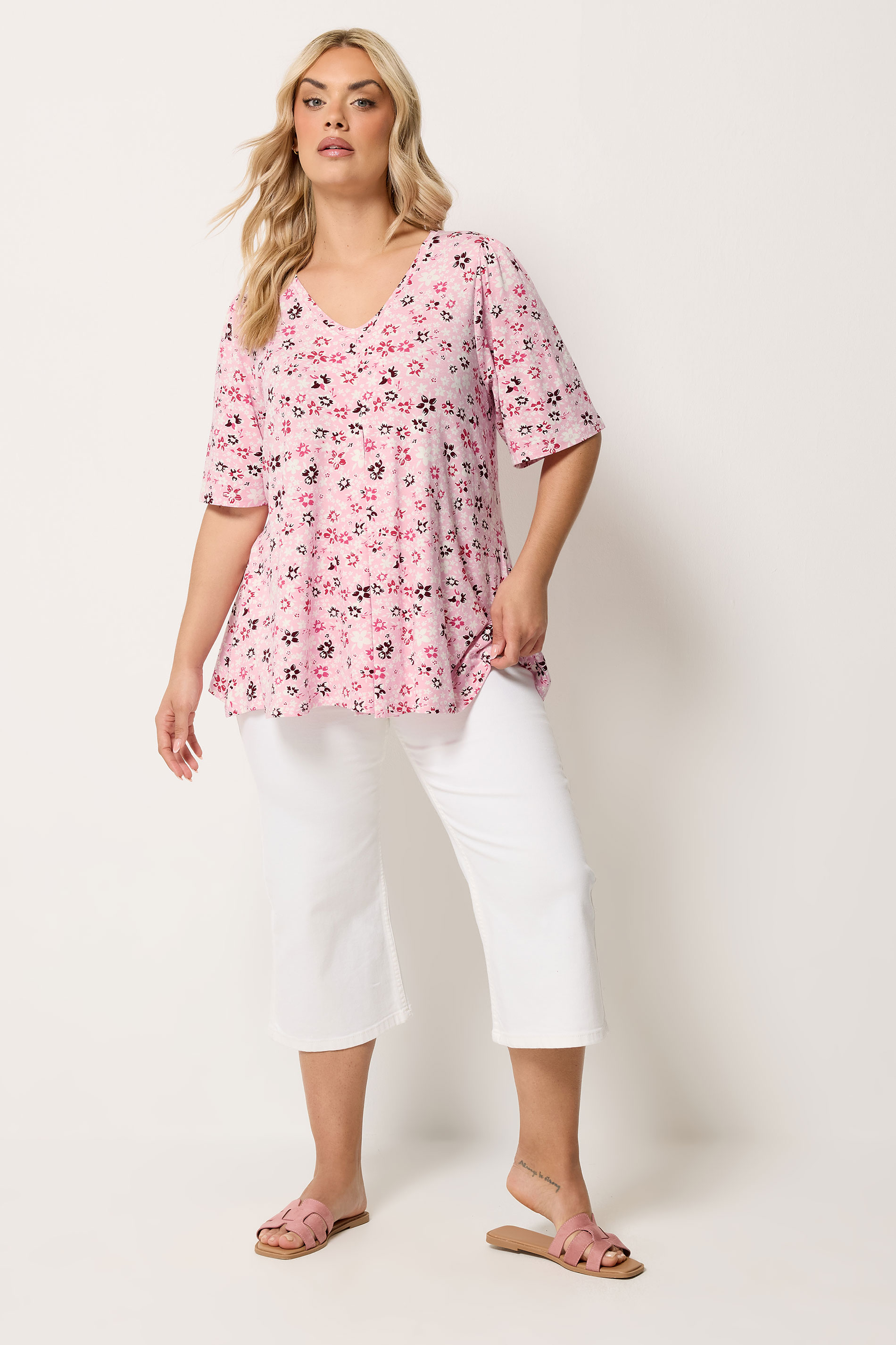 YOURS Plus Size Pink Floral Pleat Angel Sleeve Swing Top | Yours Clothing 1