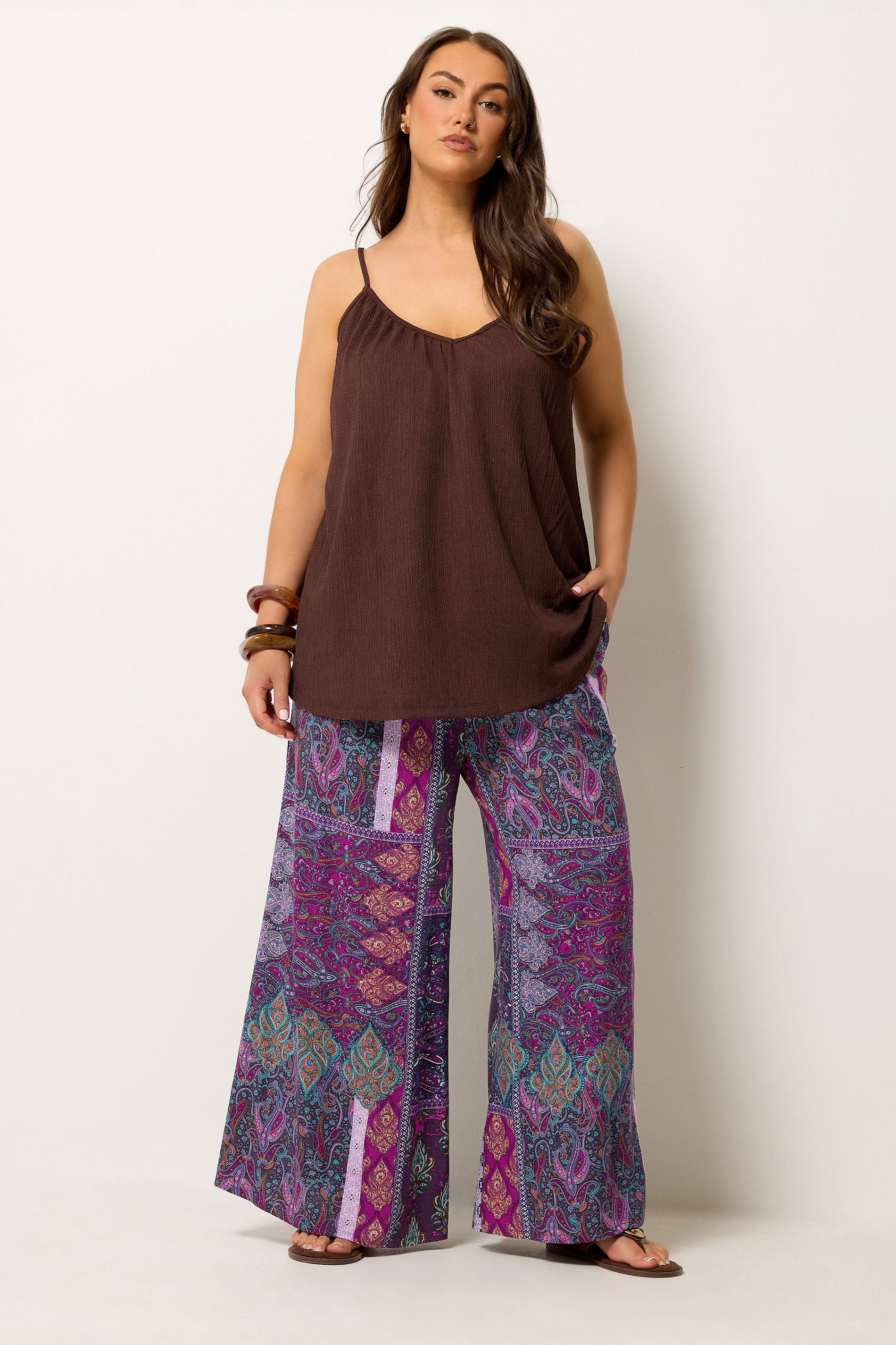 YOURS Plus Size Purple Paisley Shirred Waist Trousers | Yours Clothing 1