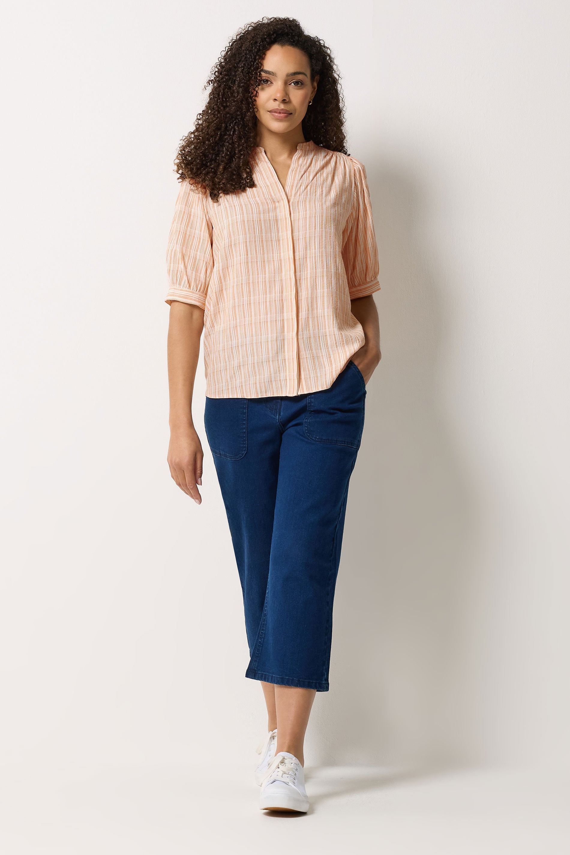 M&Co Orange Stripe Short Puff Sleeve Blouse | M&Co 1