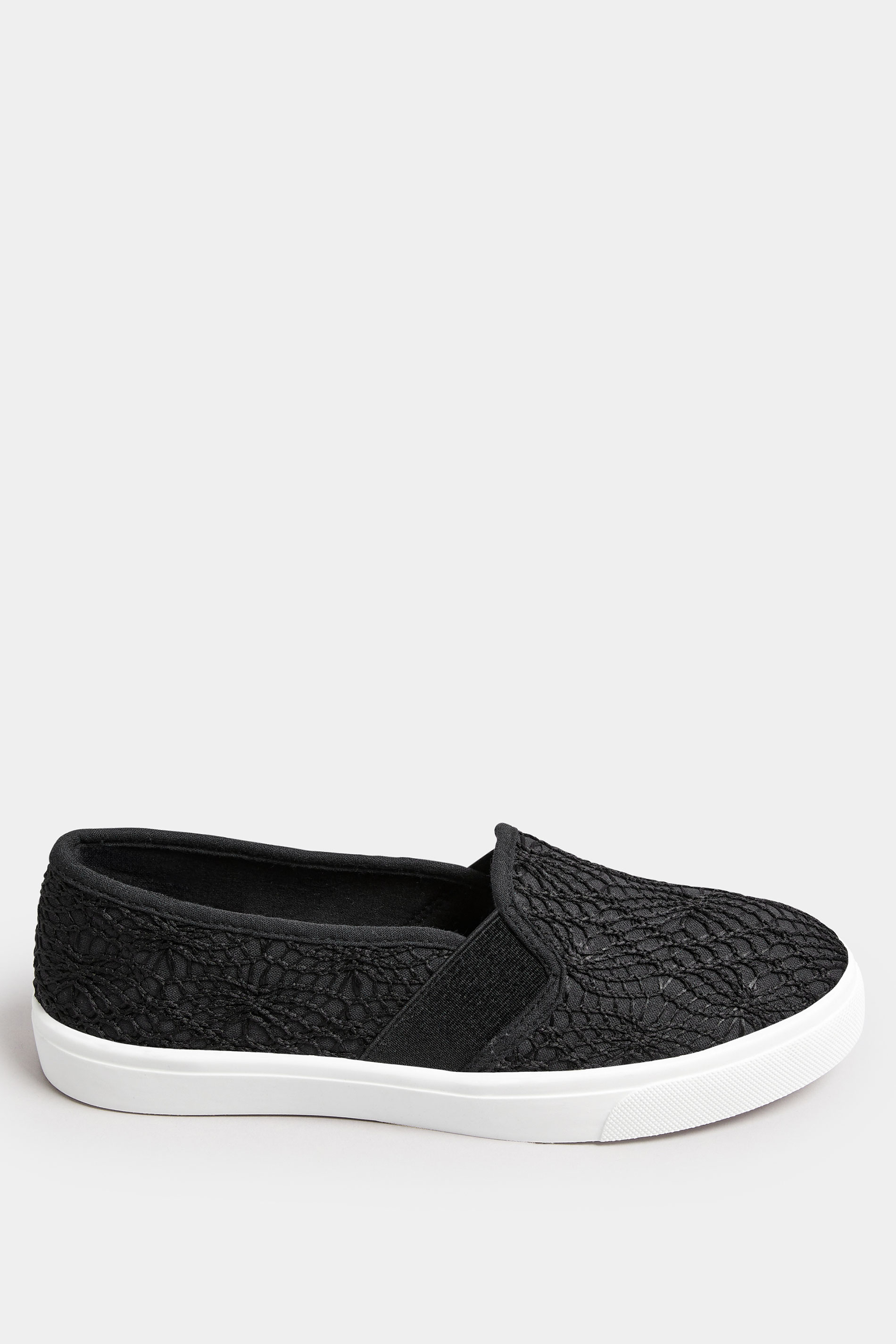 Black Broderie Anglaise Slip-On Trainers In Wide E Fit | Yours Clothing 3