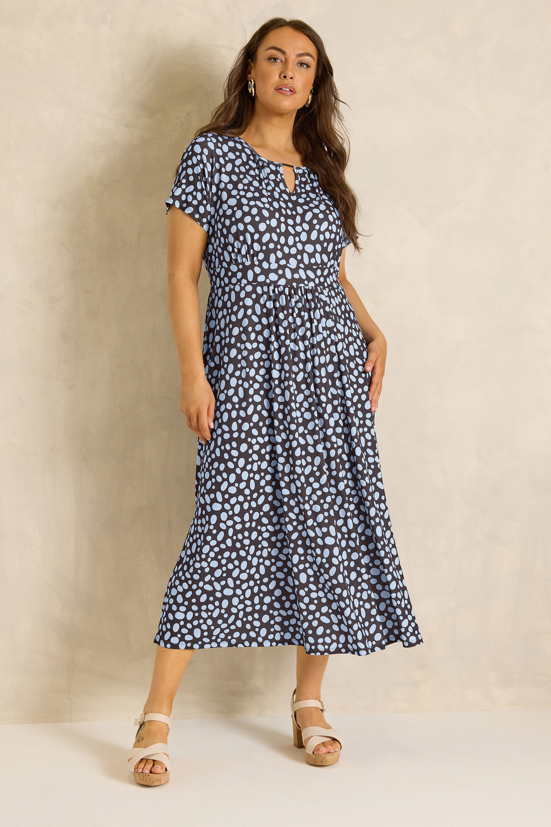 EVANS Plus Size Brown & Blue Spot Bar Detail Dress | Evans 3