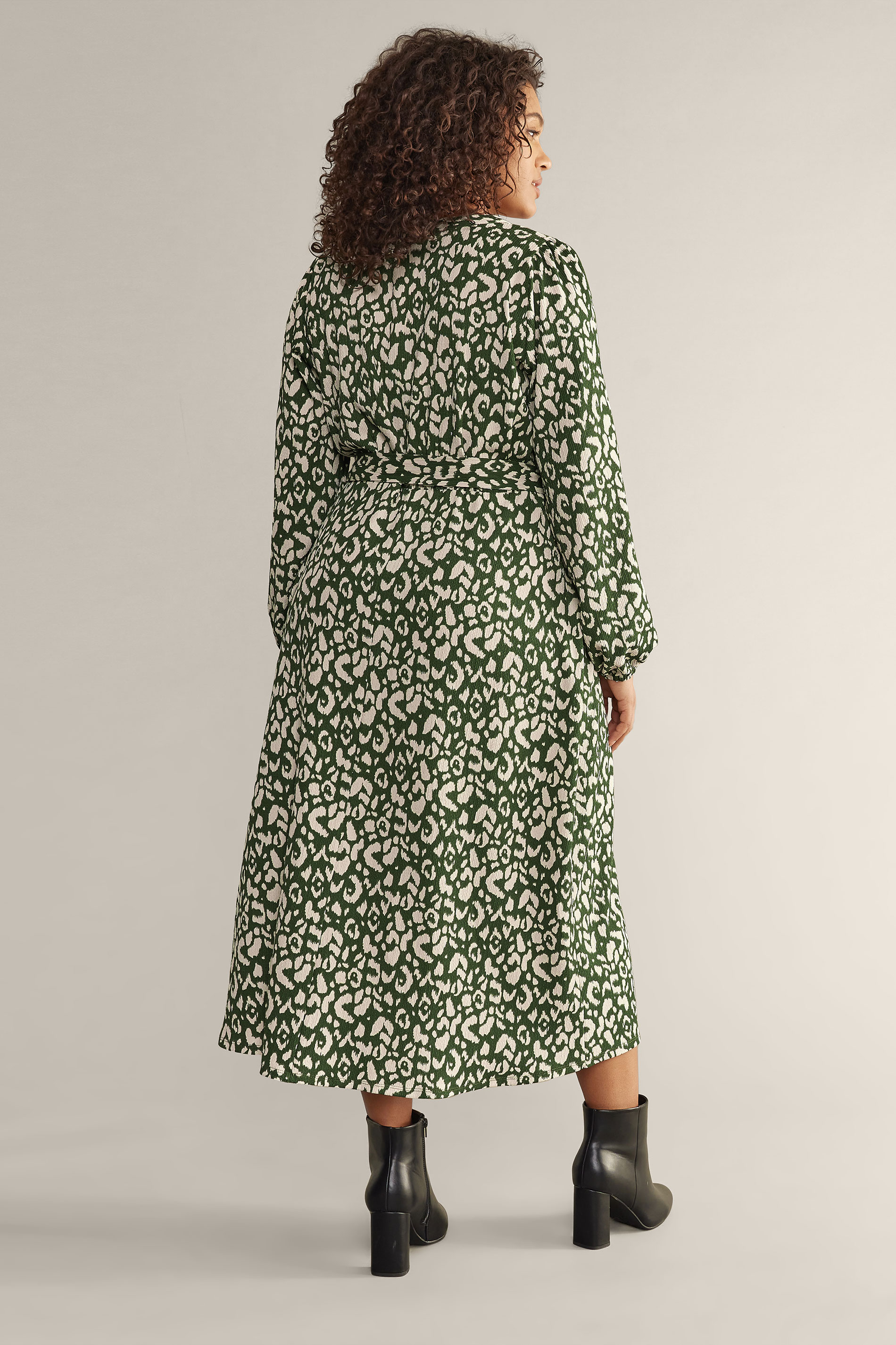 EVANS Curve Khaki Green Leopard Print Tie Waist Midi Dress | Evans  3