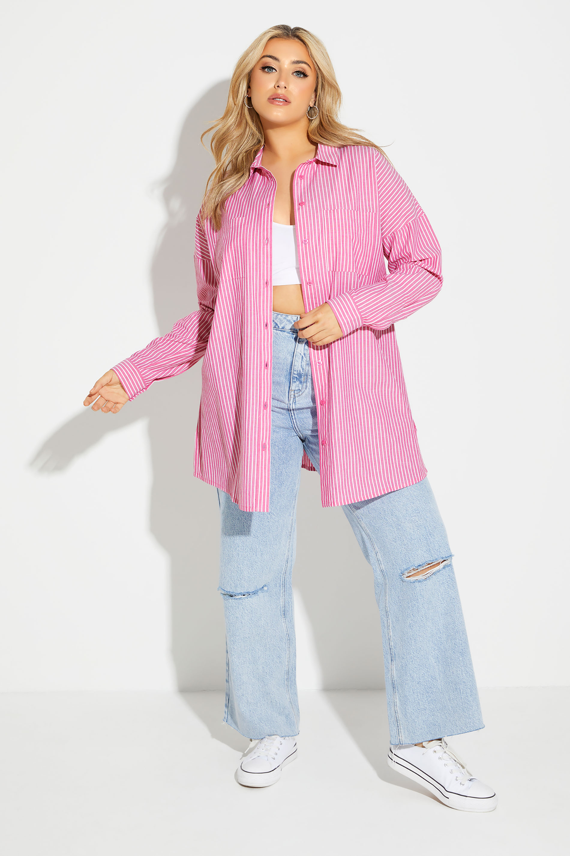 YOURS FOR GOOD Plus Size Bright Pink Stripe Oversized Shirt | Yours Clothing 1
