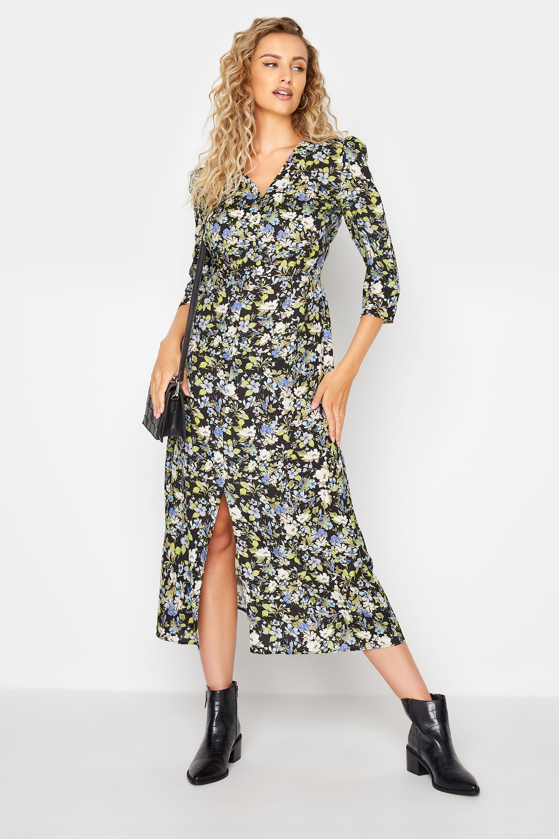 LTS Tall Black Floral Print Midaxi Tea Dress 1