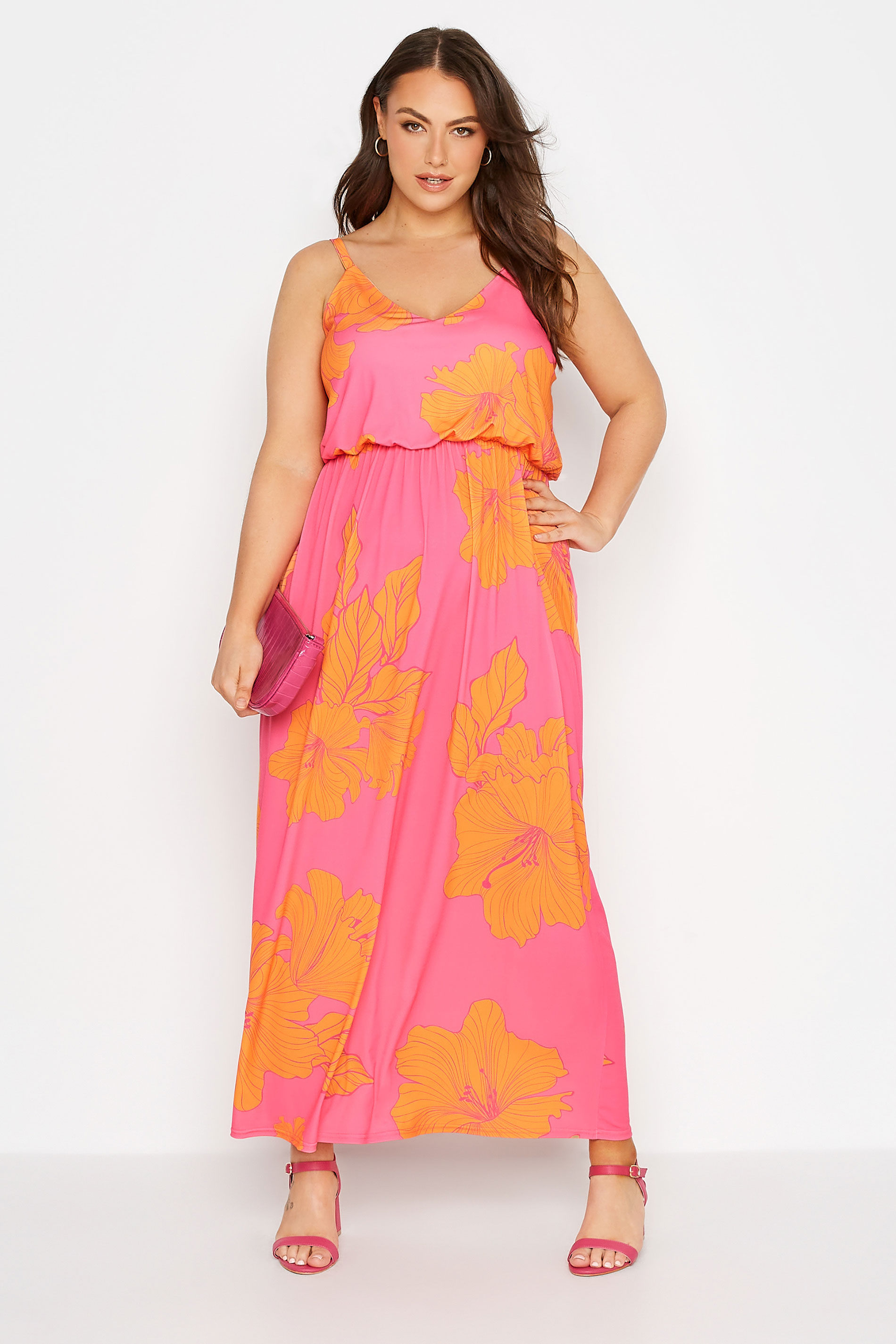 Robes Grande Taille Grande taille  Robes Longues | YOURS LONDON - Robe Rose Imprimé Floral Tropical Orange - MW02818