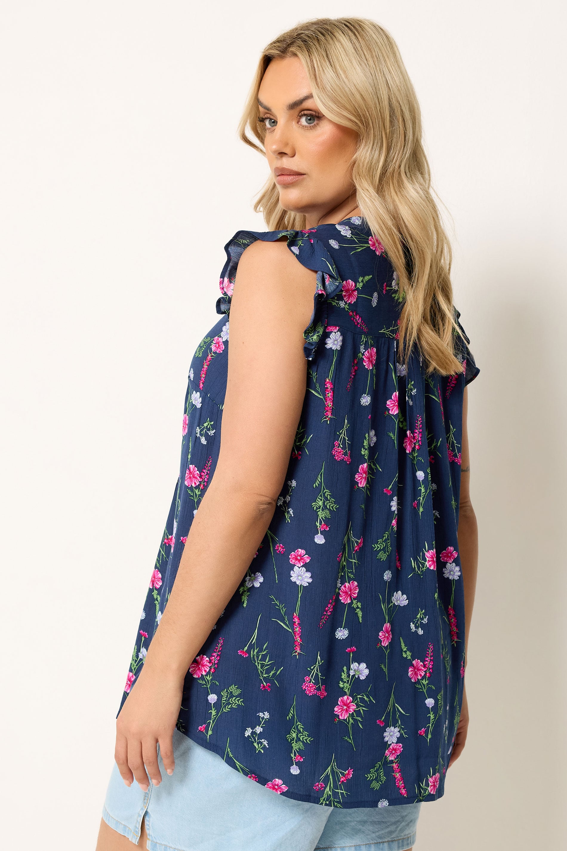 YOURS Plus Size Navy Blue Floral Sleeveless Pintuck Top | Yours Clothing 2