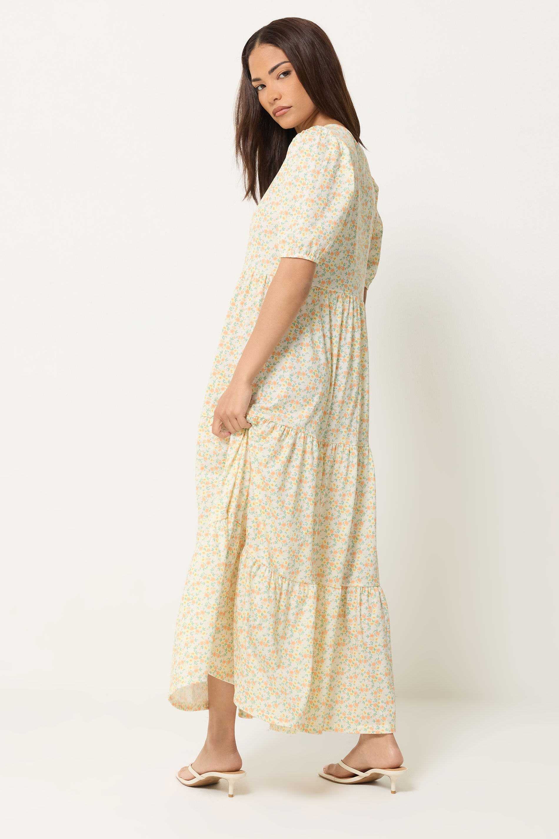 PixieGirl Petite Women's Orange Ditsy Floral Tiered Maxi Dress | PixieGirl 2