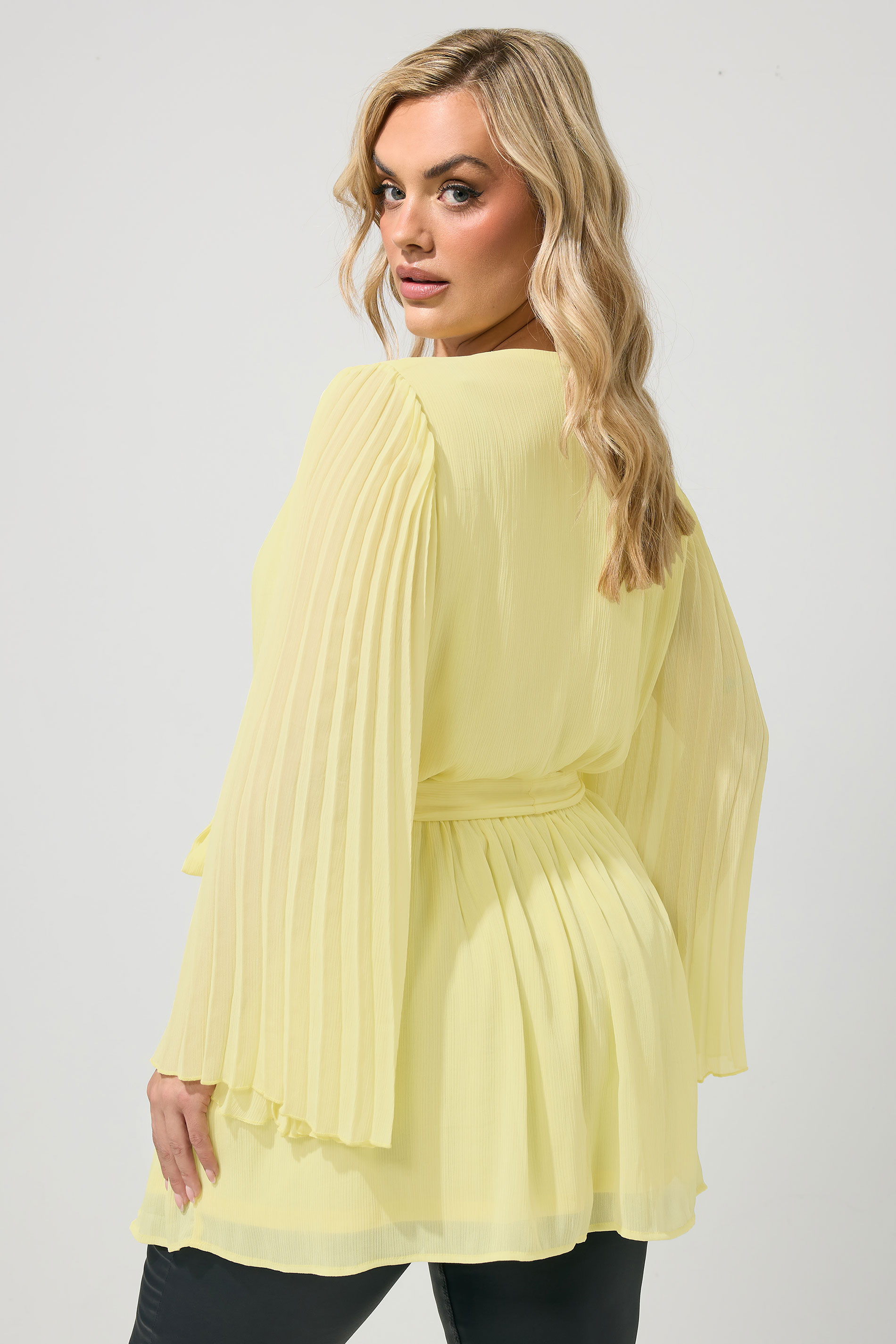 YOURS LONDON Plus Size Yellow Pleat Sleeve Wrap Top | Yours Clothing 2