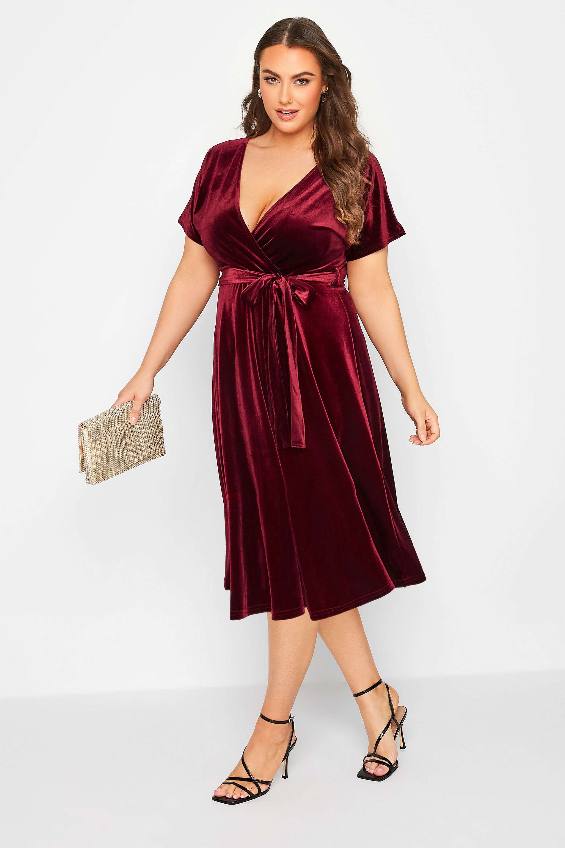 YOURS LONDON Curve Red Velvet Wrap Skater Dress | Yours Clothing 1
