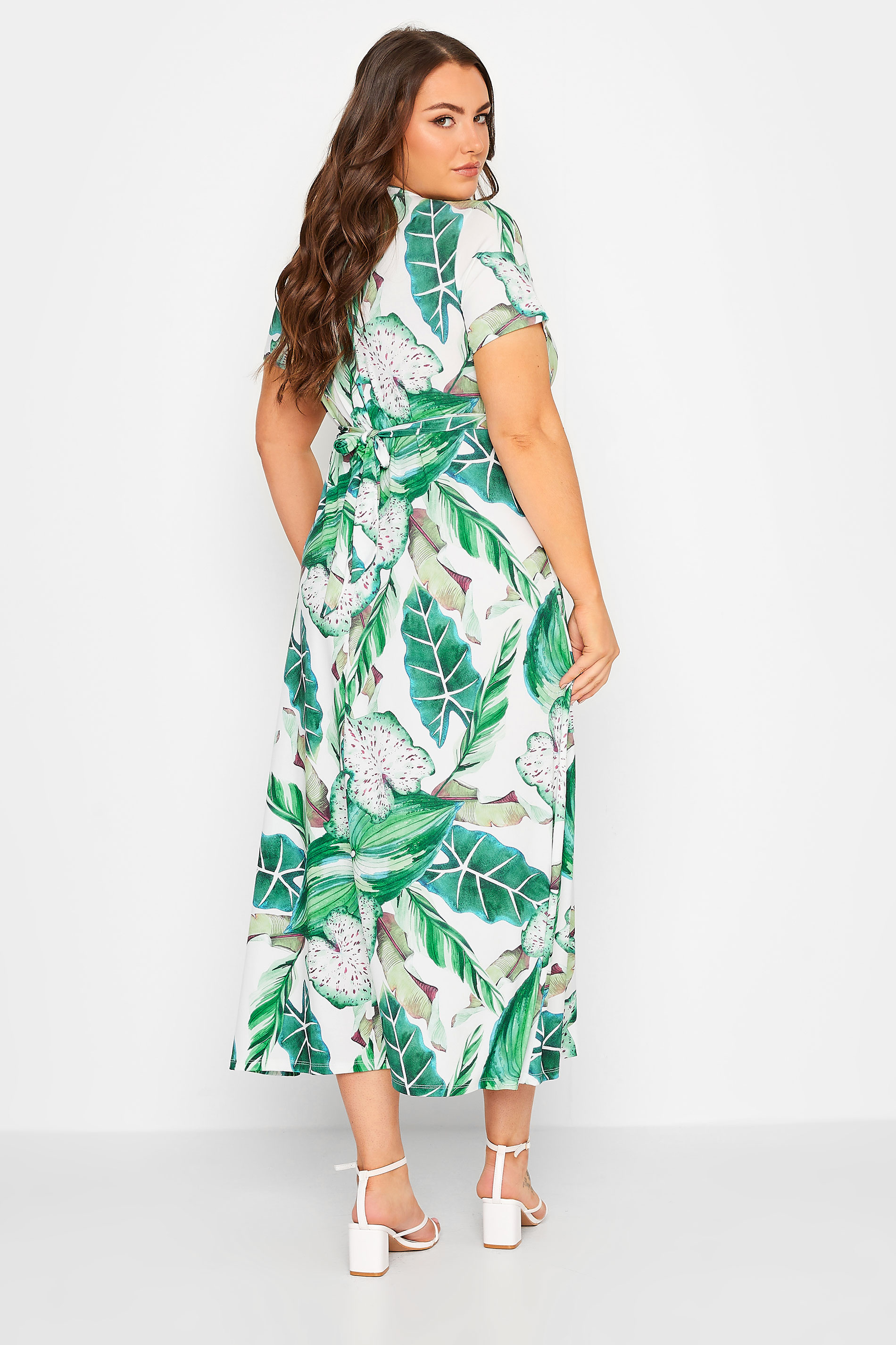 YOURS Curve Plus Size White Leaf Print Maxi Wrap Dress | Yours Clothing  3