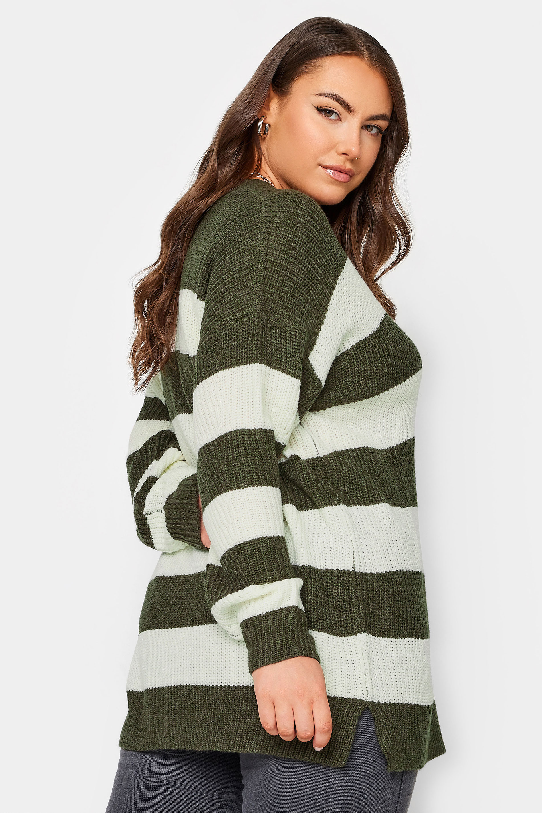 YOURS Plus Size Green Stripe Ribbed Knit Jumper | Yours Clothing 3