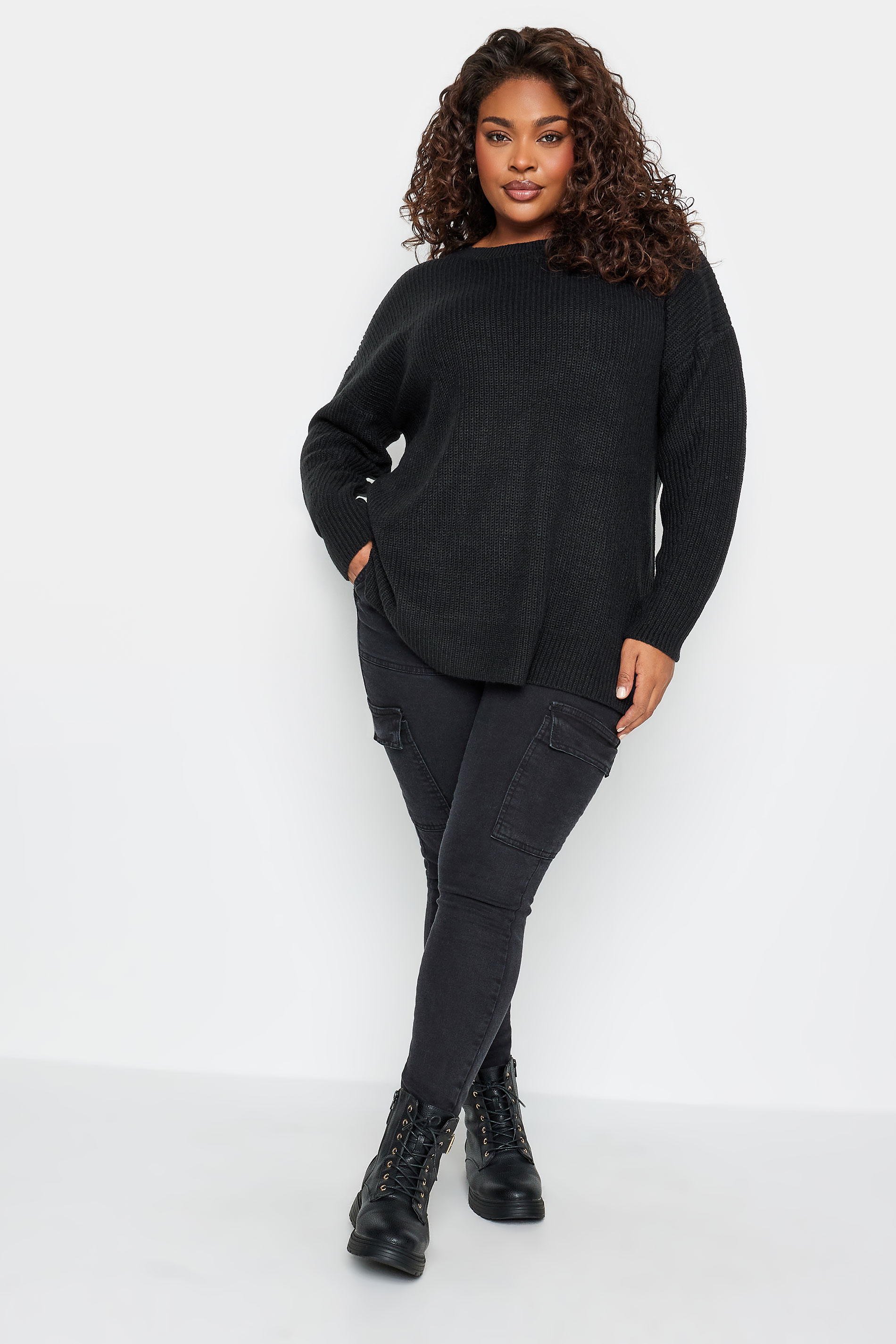 YOURS Plus Size Black Drop Shoulder Knitted Jumper | Yours Clothing 2