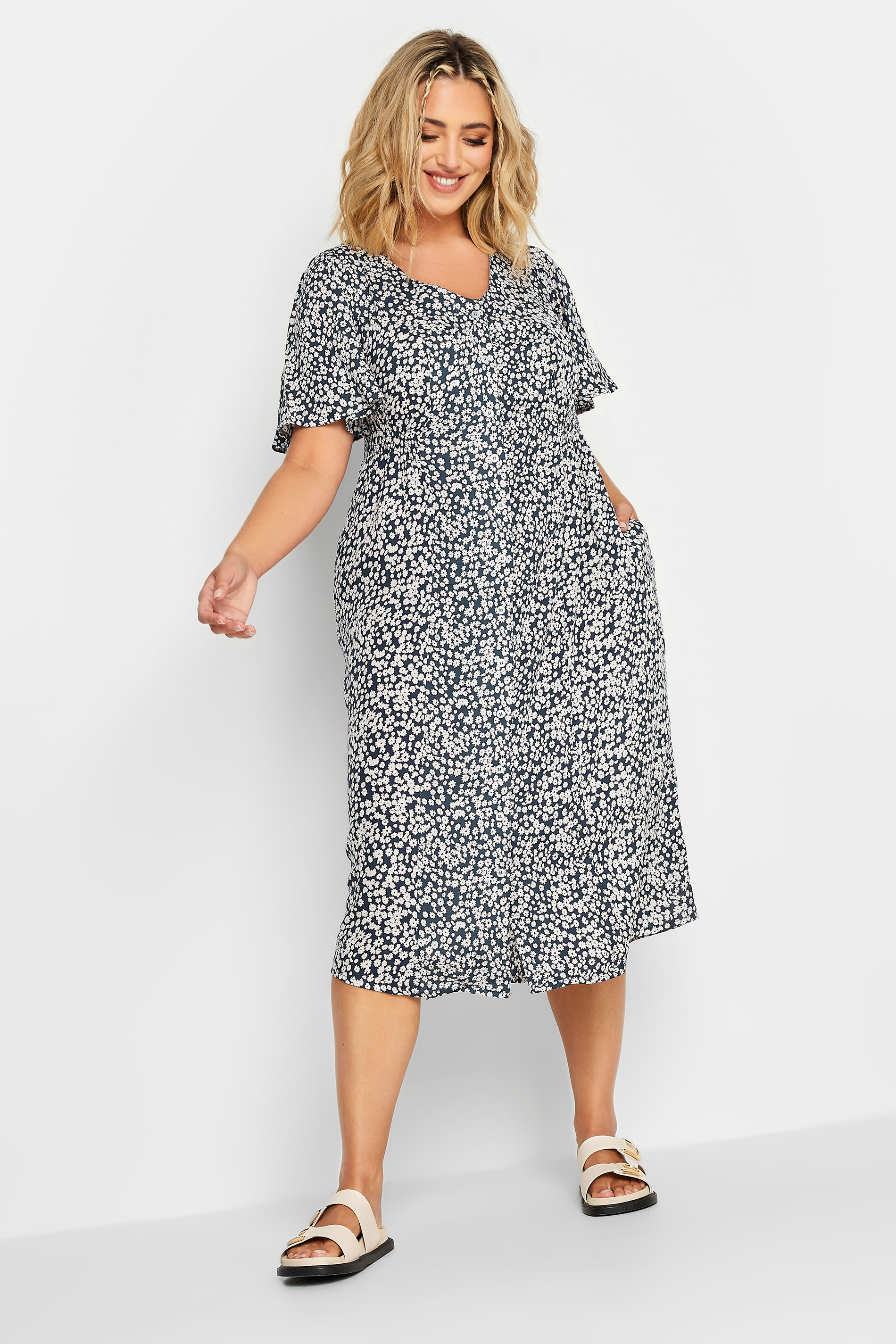 YOURS Plus Size Navy Blue Ditsy Print Tea Dress | Yours Clothing 1