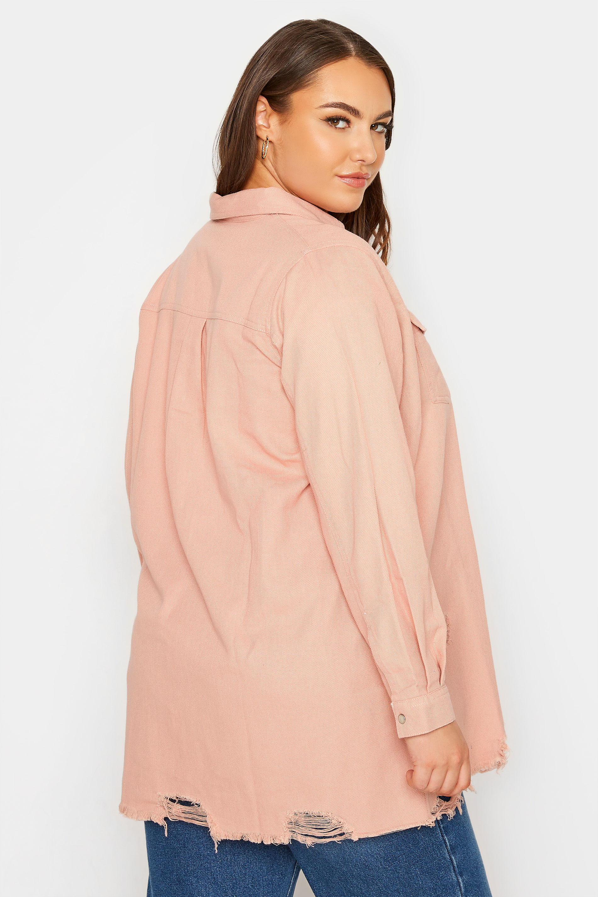 Plus Size Pink Distressed Denim Shirt | Yours Clothing  3