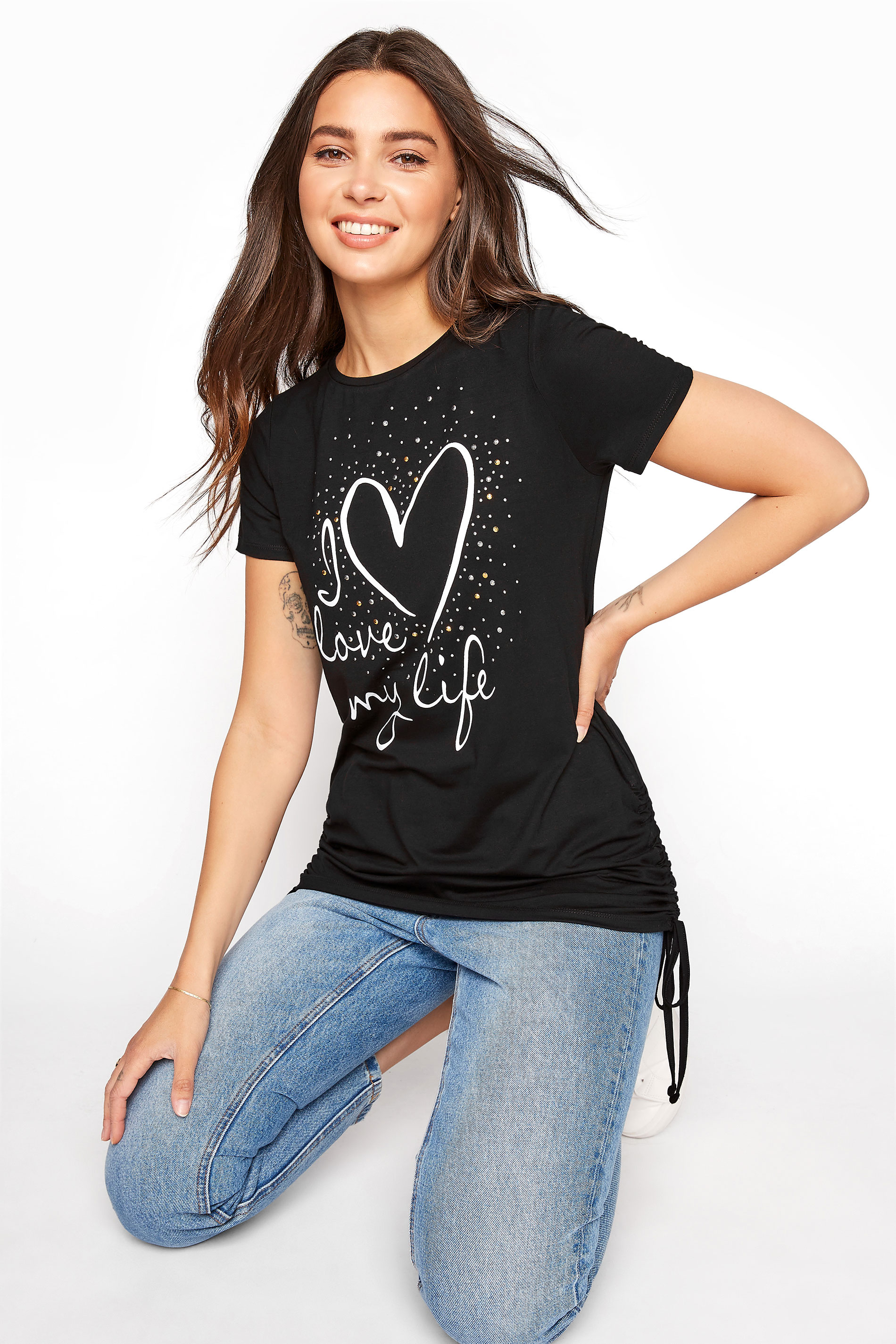 LTS Tall Black 'I Love My Life' Ruched Side Tunic Top 1