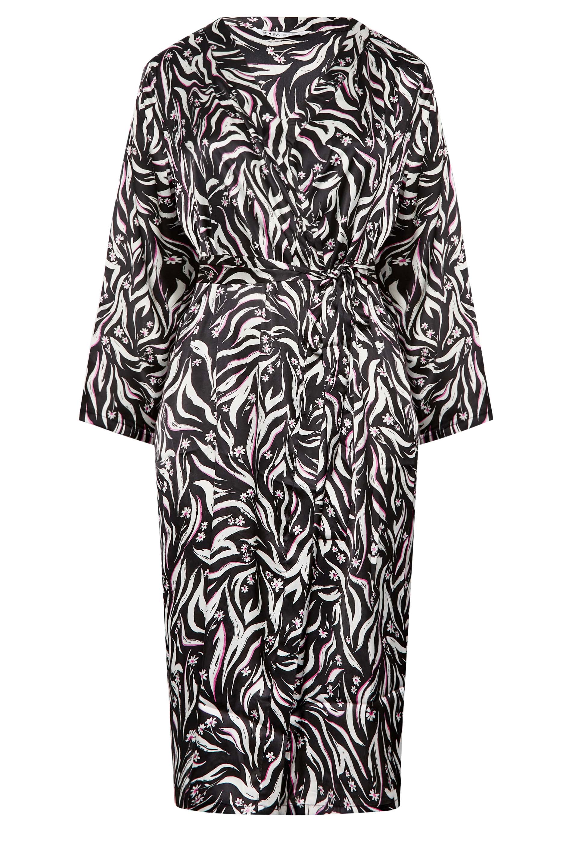 YOURS Plus Size Black Zebra Print Satin Dressing Gown | Yours Clothing