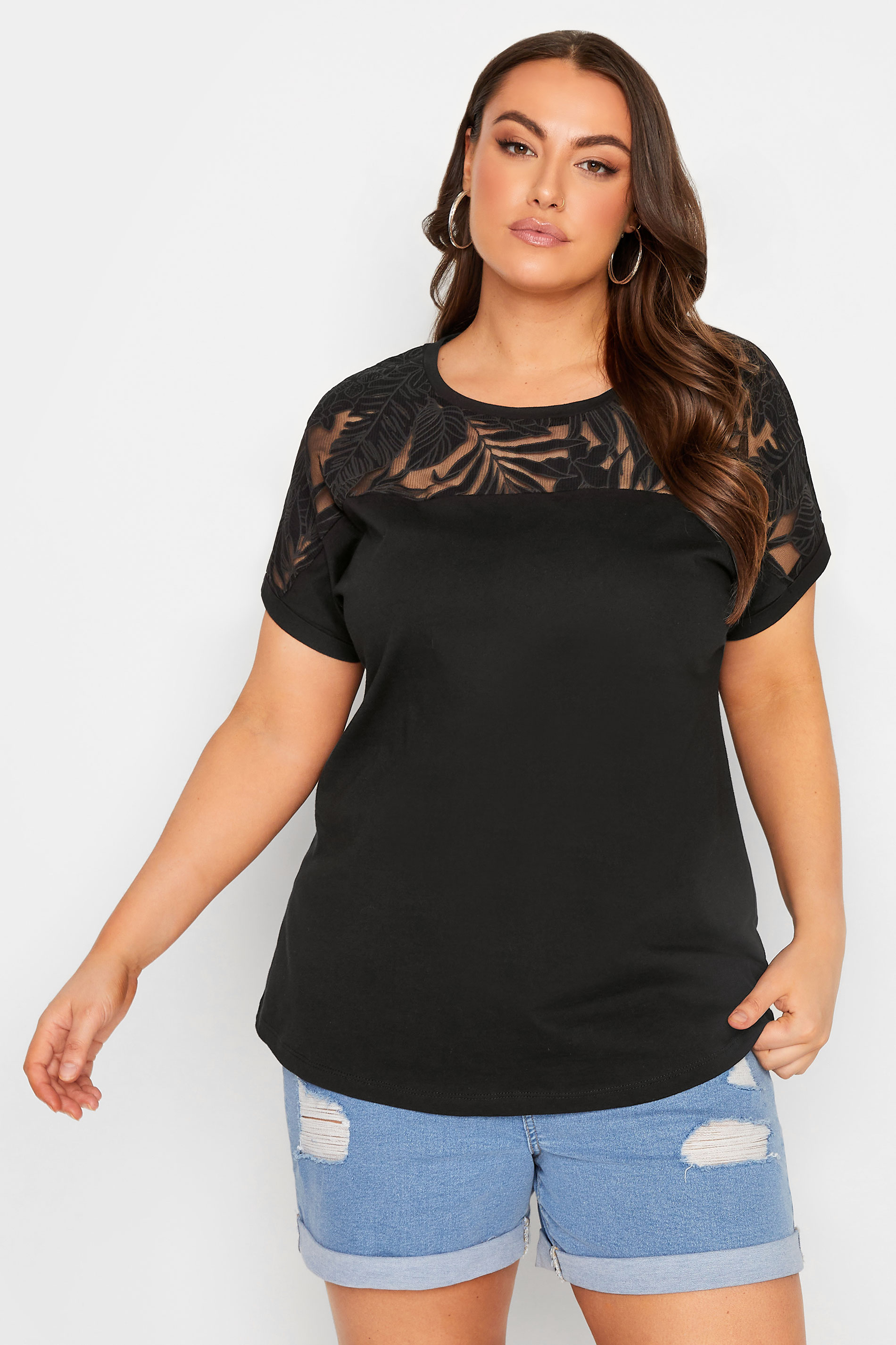 YOURS Plus Size Black Floral Mesh Panel T-Shirt | Yours Clothing 1