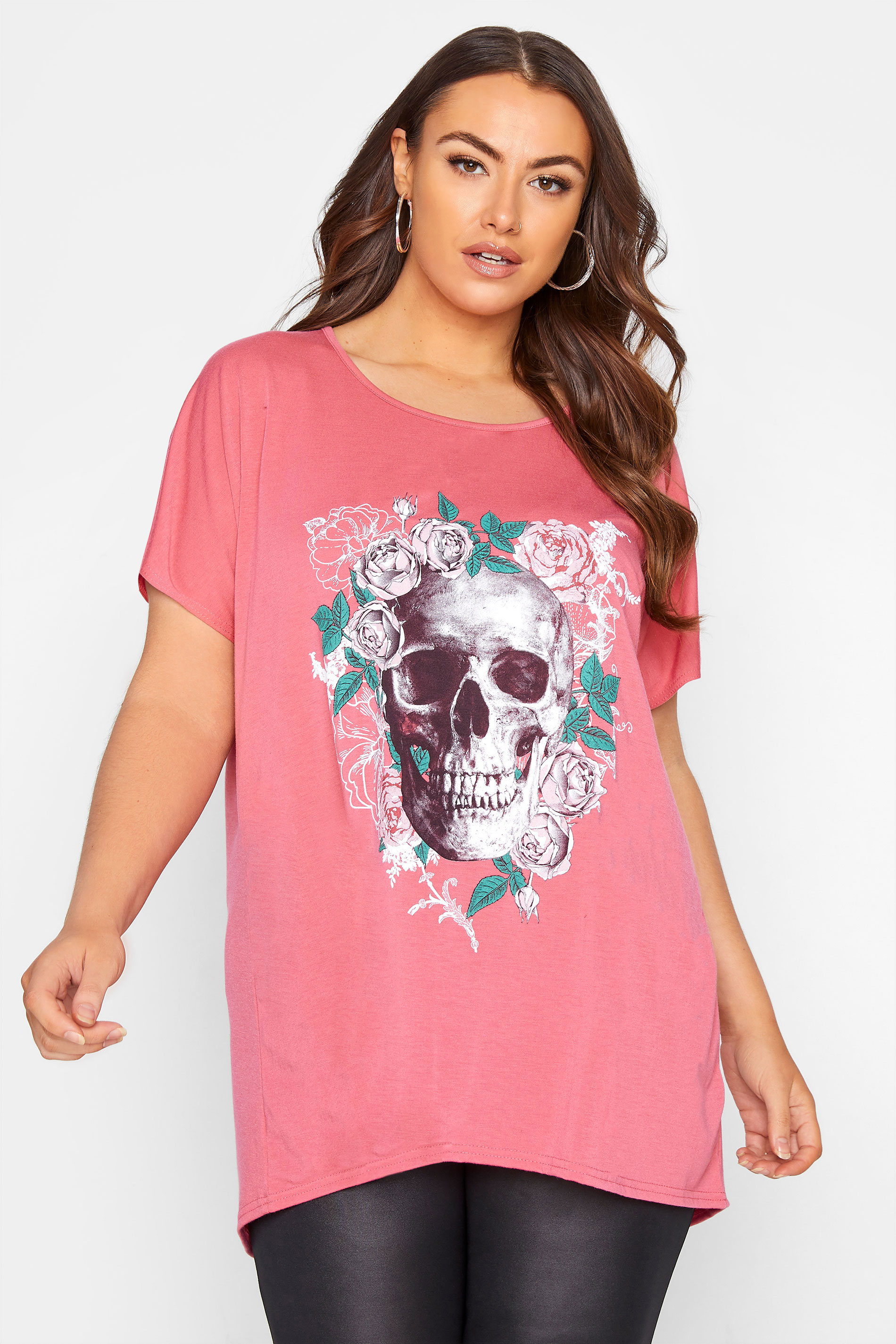 Grande taille  Tops Grande taille  Tops Jersey | Top Rose Corail Roses & Squelette - SV23663