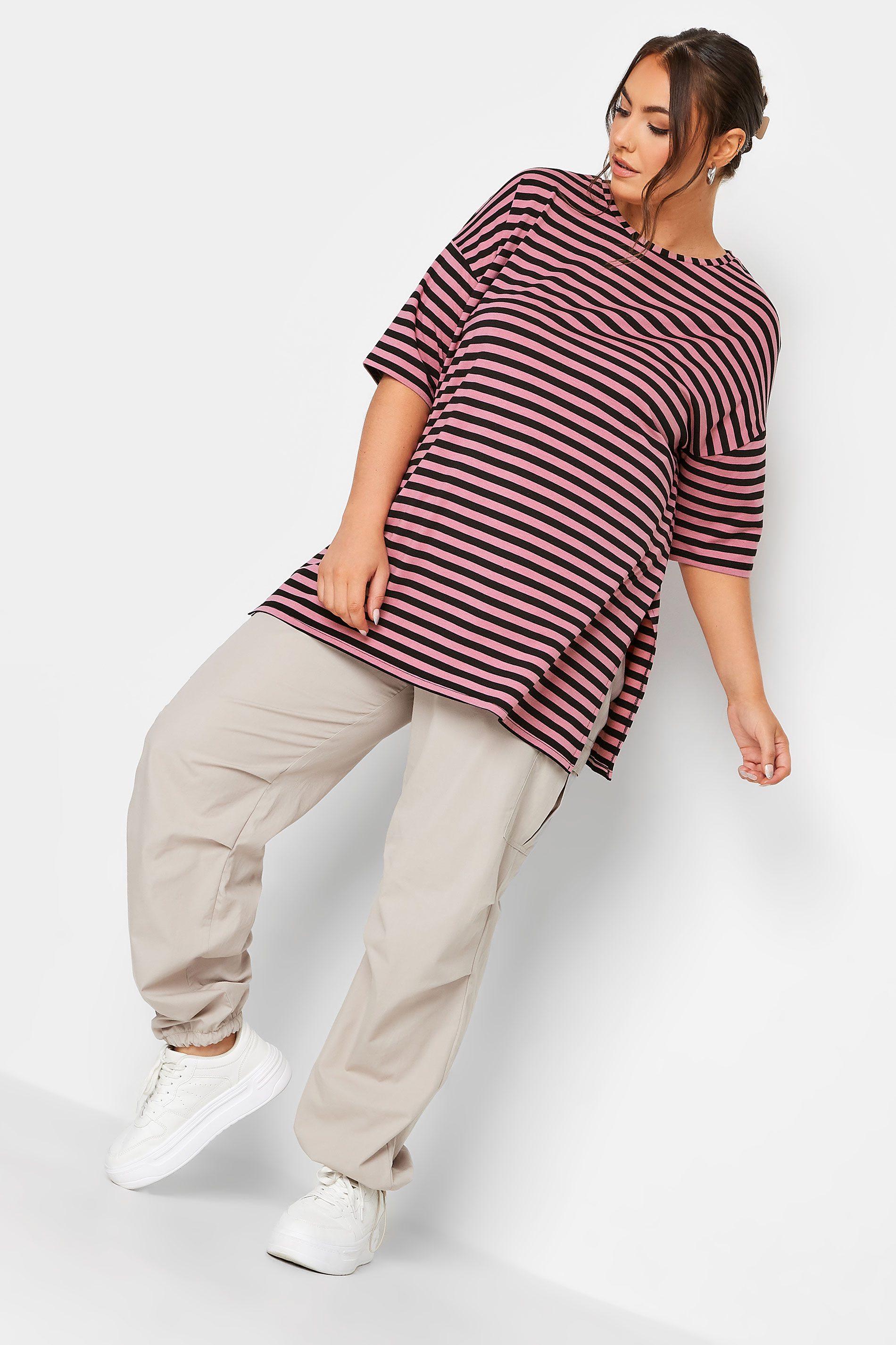 YOURS Plus Size Pink Stripe Print Oversized T-Shirt | Yours Clothing 2