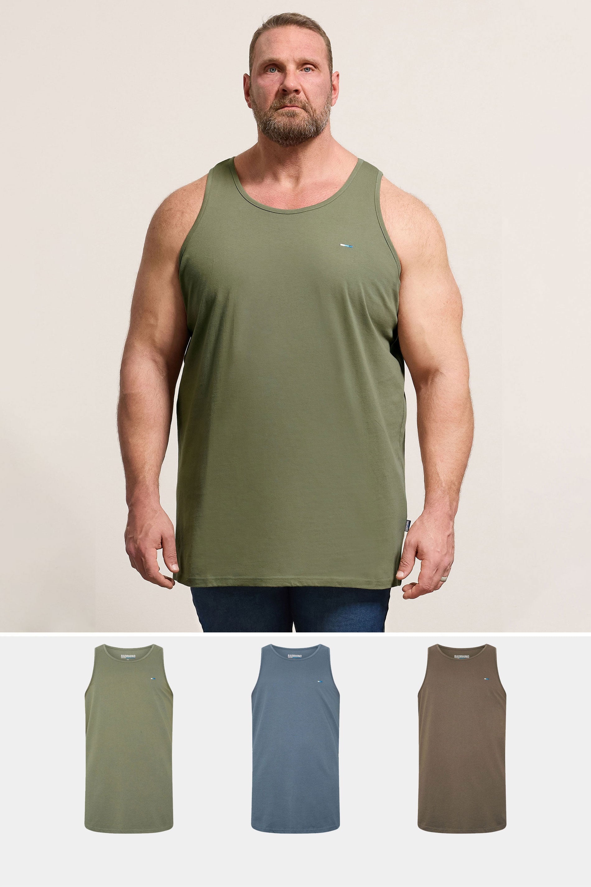 BadRhino Big & Tall 3 Pack Blue/Green/Brown Extra Long Plain Vest Top | BadRhino 1
