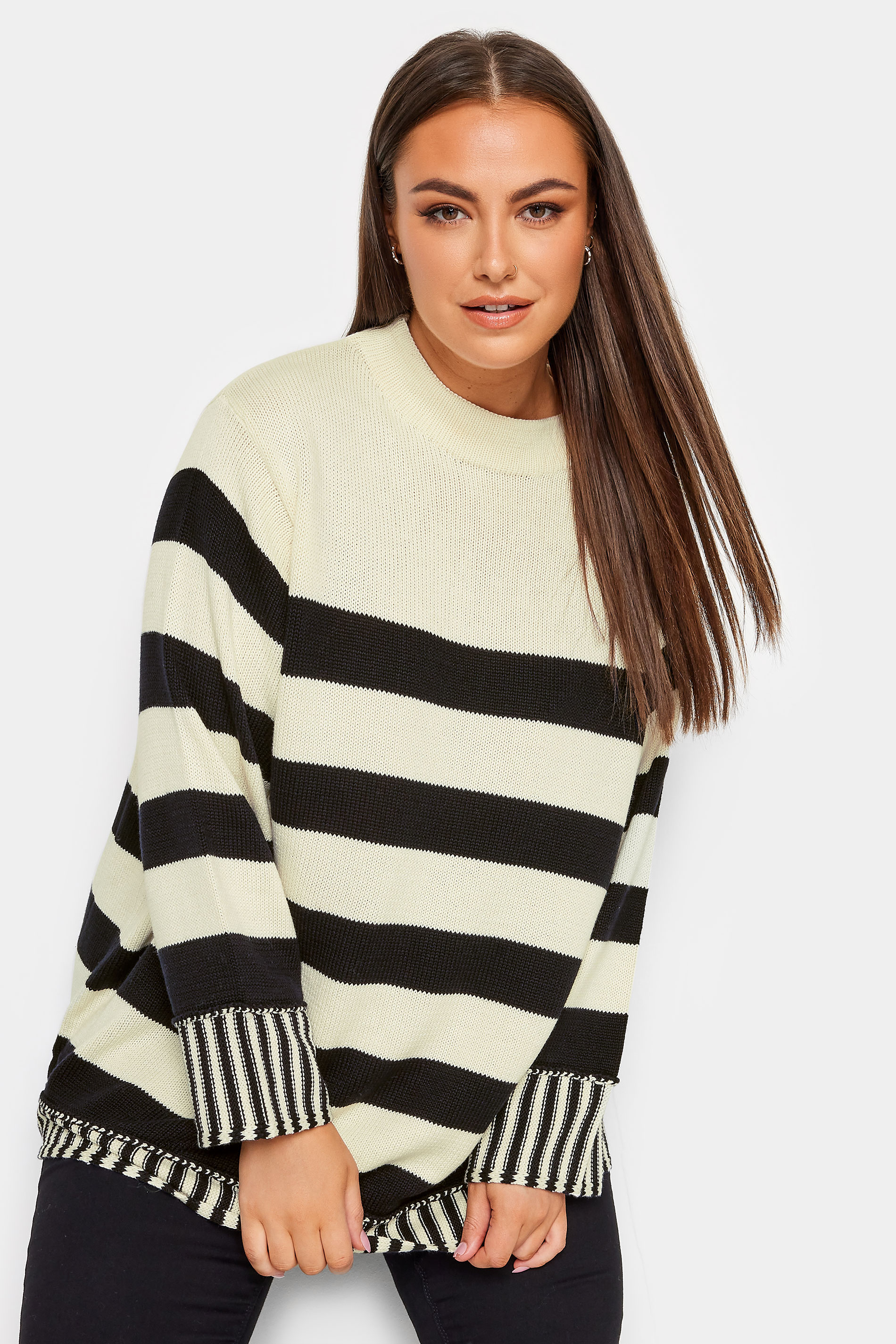 YOURS Plus Size White & Black Stripe Turtle Neck Knitted Jumper | Yours Clothing  2